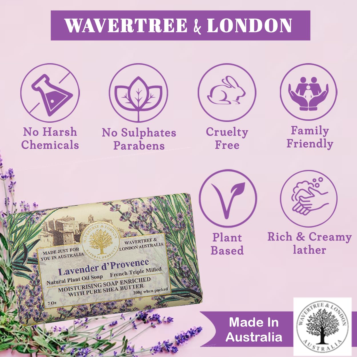 Wavertree & London Lavender D'Provence Scented Natural Soap (8 Bars), 7oz Moisturizing French Triple Milled Soap Bars enriched with shea butter - Pure Plant Oil Bath & Body Bars for All Skin Types