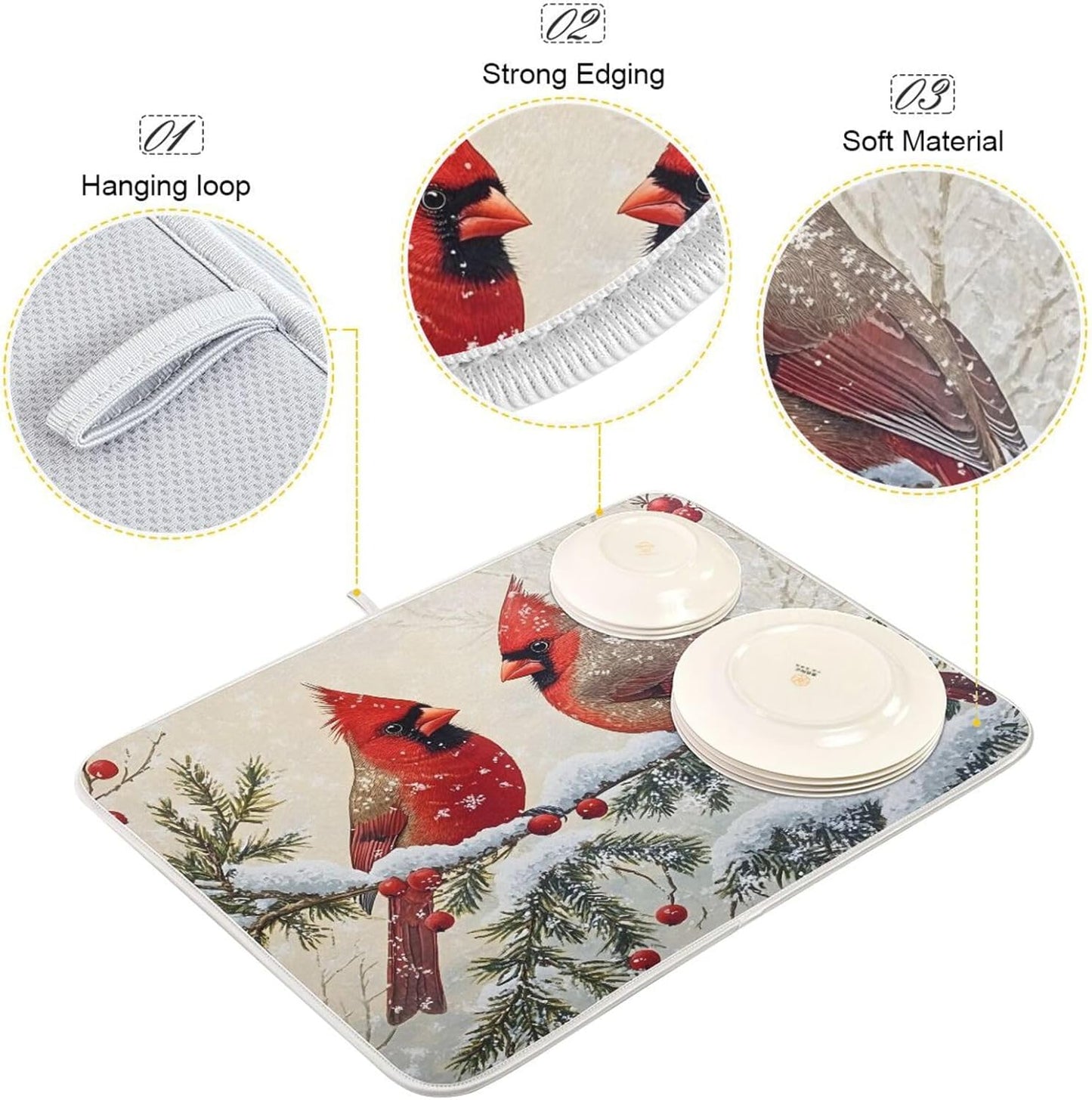 Christmas Dish Drying Mat Red Cardinals Birds Snowflake Branches Berries Winter Christmas Dish Drainer Mat for Kitchen Counter 18x24 inch Drying Mat Absorbent Microfiber Dish Mat