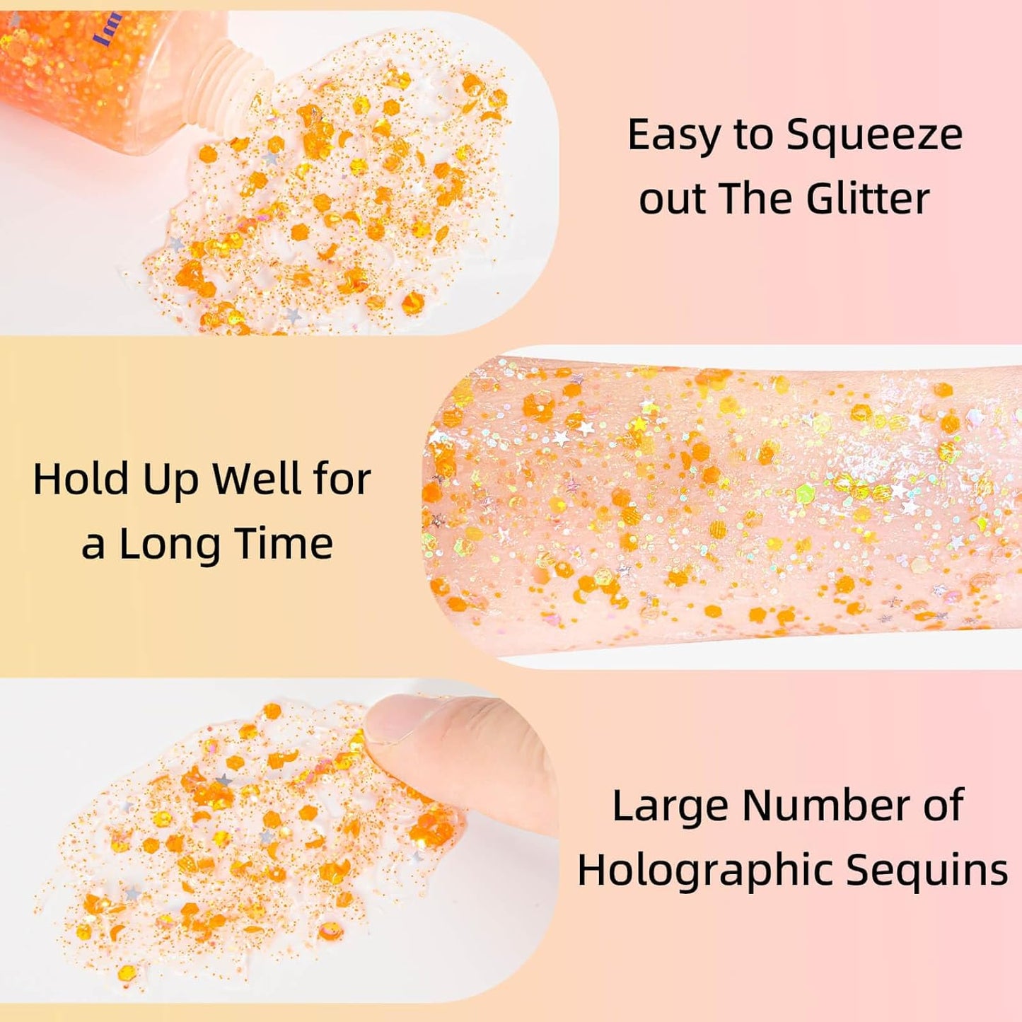 MEICOLY Orange Face Body Glitter,Sparkling Face Glitter Gel,Mermaid Sequins Face Paint Glitter Autumn Makeup,Eye Hair Chunky Festival Rave Accessories Makeup,Party Body Glitter Gel for Women Kids,50ml