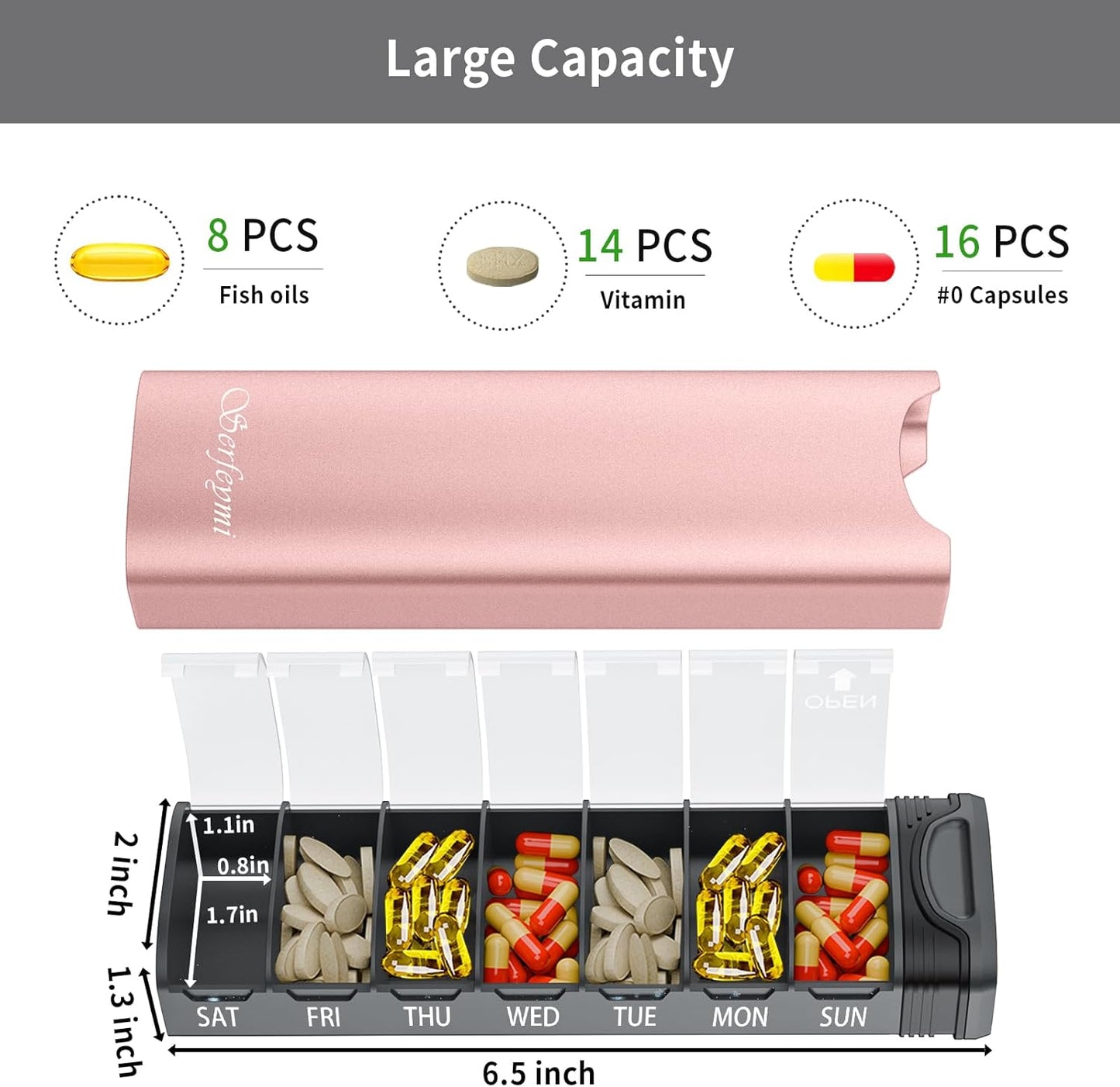 Metal Weekly Pill Organizer, Serfeymi Aluminum Daily Pill Box(Spare Gasket Provided),7 Day Pill Case Travel Medicine Organizer,Pill Containers with Individual Lid for Vitamins,Pills, Supplement-Pink