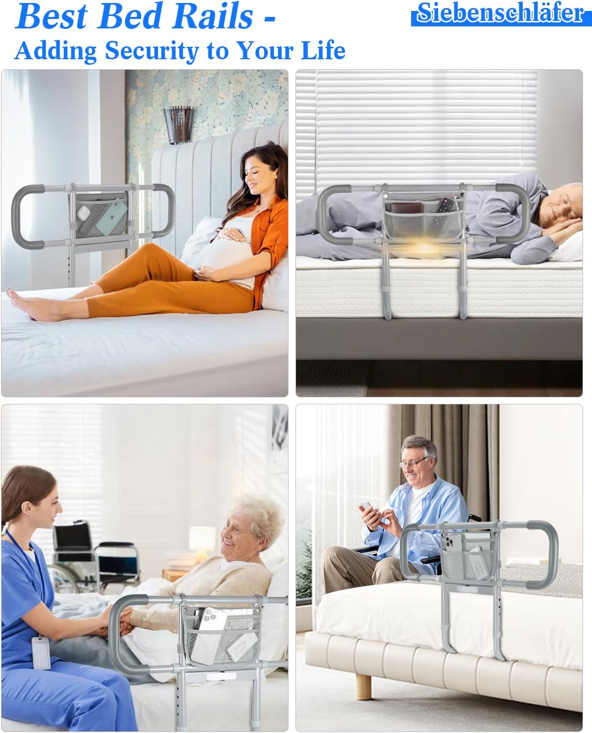 Bed Rails for Elderly Adults Safety, Extended Beds Assist Rail for Seniors with Motion Sensor Light - Adjustable Side Bed Guard Rails Handle Support Bar with Storage Bag, Fit King Queen Full Twin Bed