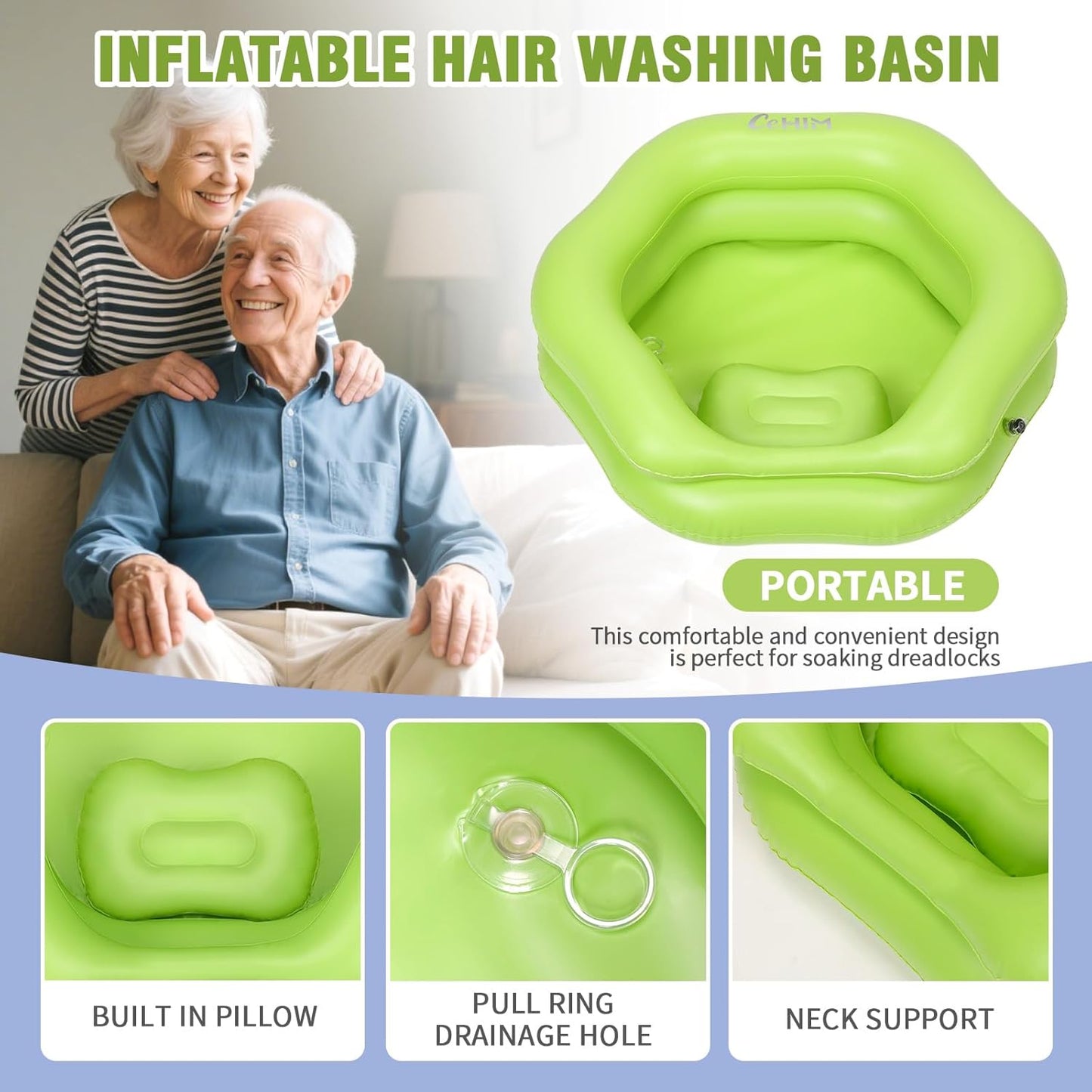 Inflatable Shampoo Basin for Bedridden, Elderly & Disabled - Petal-Shape Large Size, 360° Neck Support, Central Drain Hole with Pull Ring | Leak-Proof PVC Portable Hair Washing Bowl (Green)