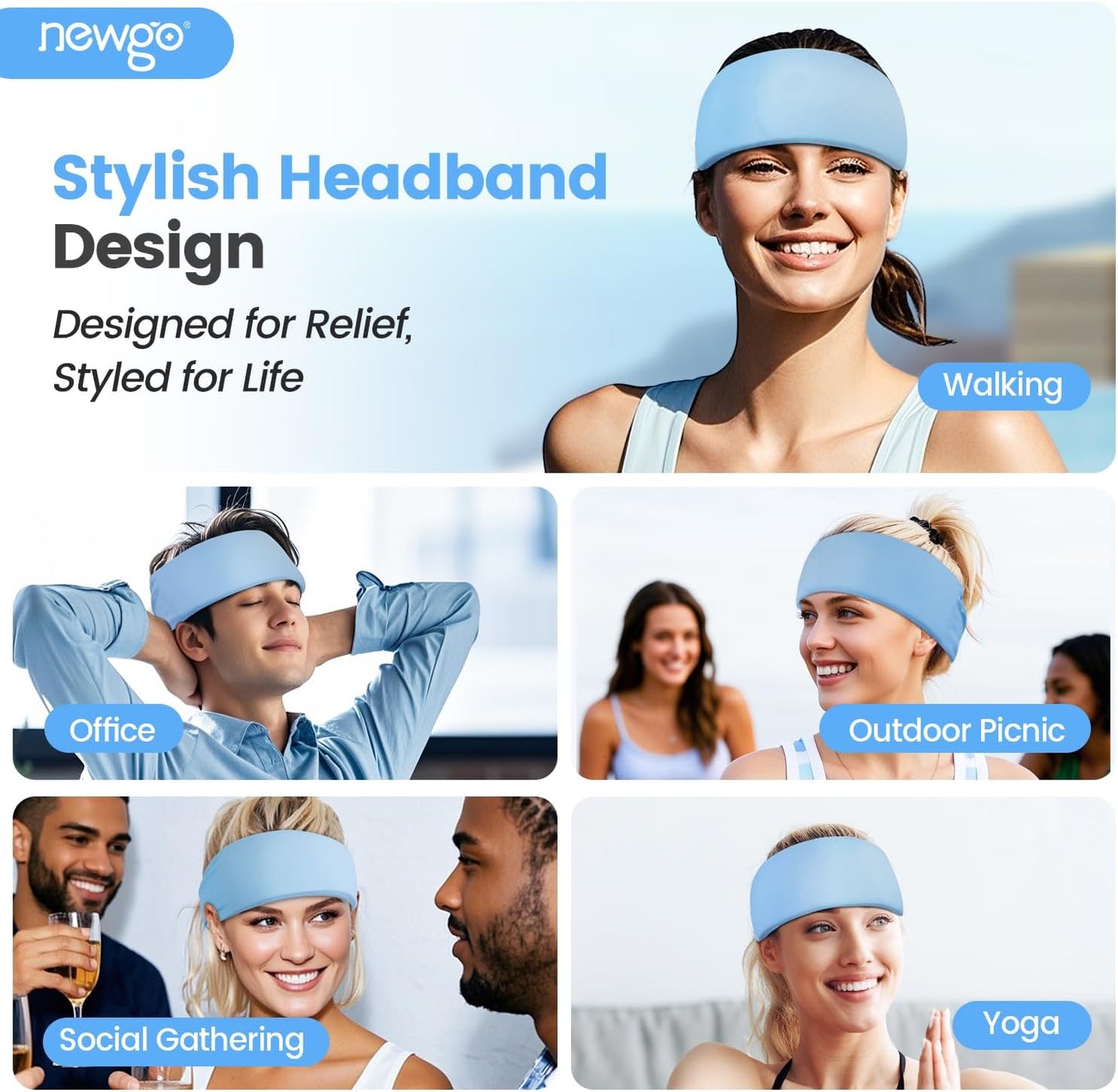 NEWGO Migraine Relief Cooling Headband with Washable Cover, Stylish Cold Head Wrap Forehead Ice Pack for Headaches, Hot Weather, Tension, Hangover