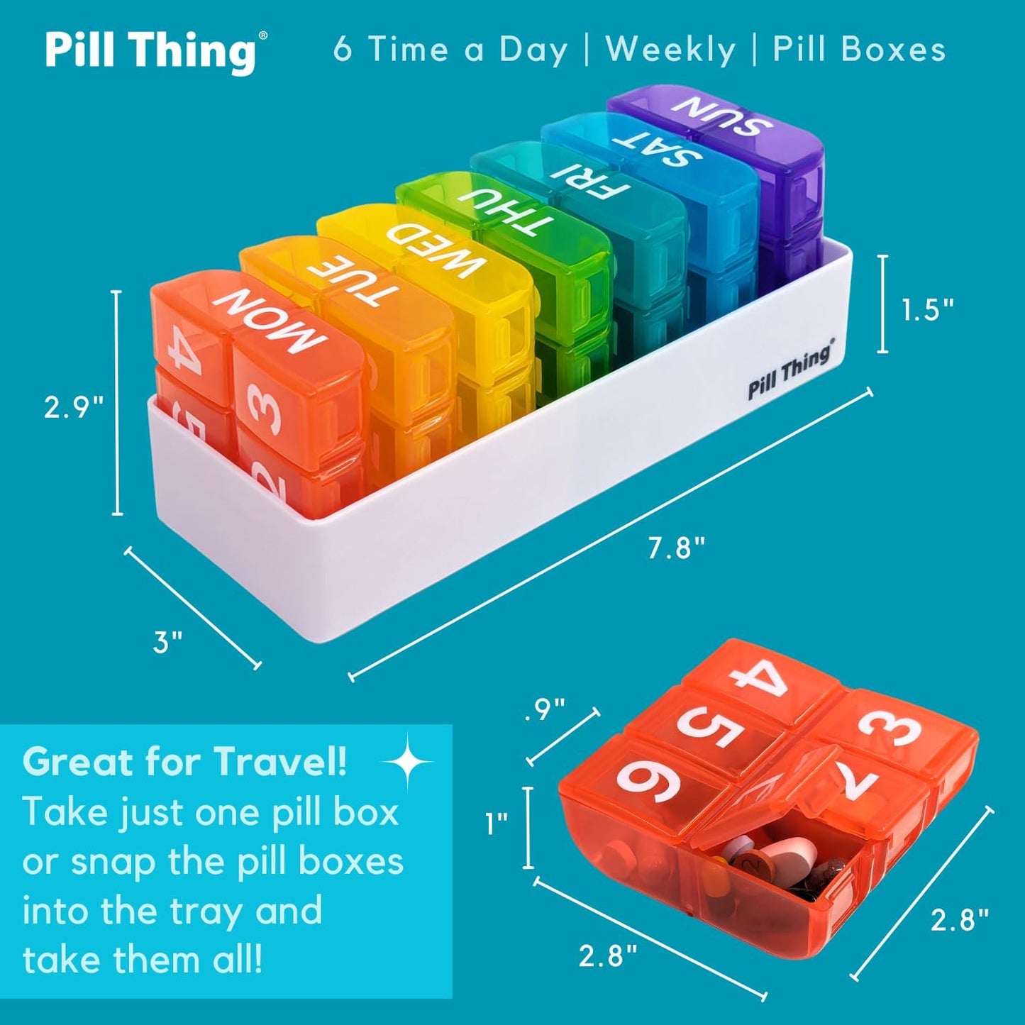 6 Times a Day, 7 Day Large Weekly Pill Organizer with Holder Tray, Vitamin, Medicine Box, Multicolor (6X a Day - 1 Pack)