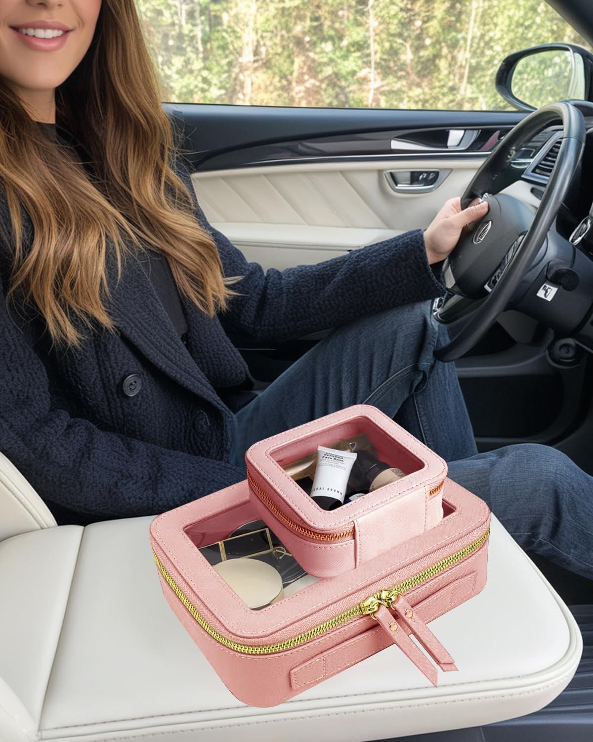 Travel Clear Makeup Bag Set, TSA Approved Cosmetic Bag Case with Zipper Portable Makeup Pouch Toiletry Bag Women Traveling Cosmetic Organizer Storage Bag Car Organizer Car Essentials for Women