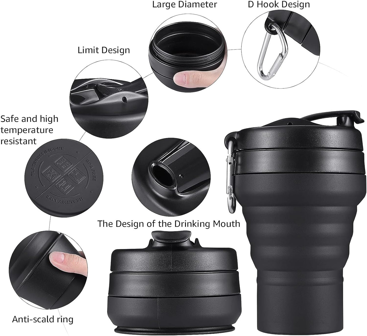 Collapsible Coffee Cup, 16 OZ 480ml Large Silicone Folding Camping Mug, Leak Proof BPA Free Portable, Travel Bottle with Lids for hiking, Microwave & Dishwasher Safe (Black)