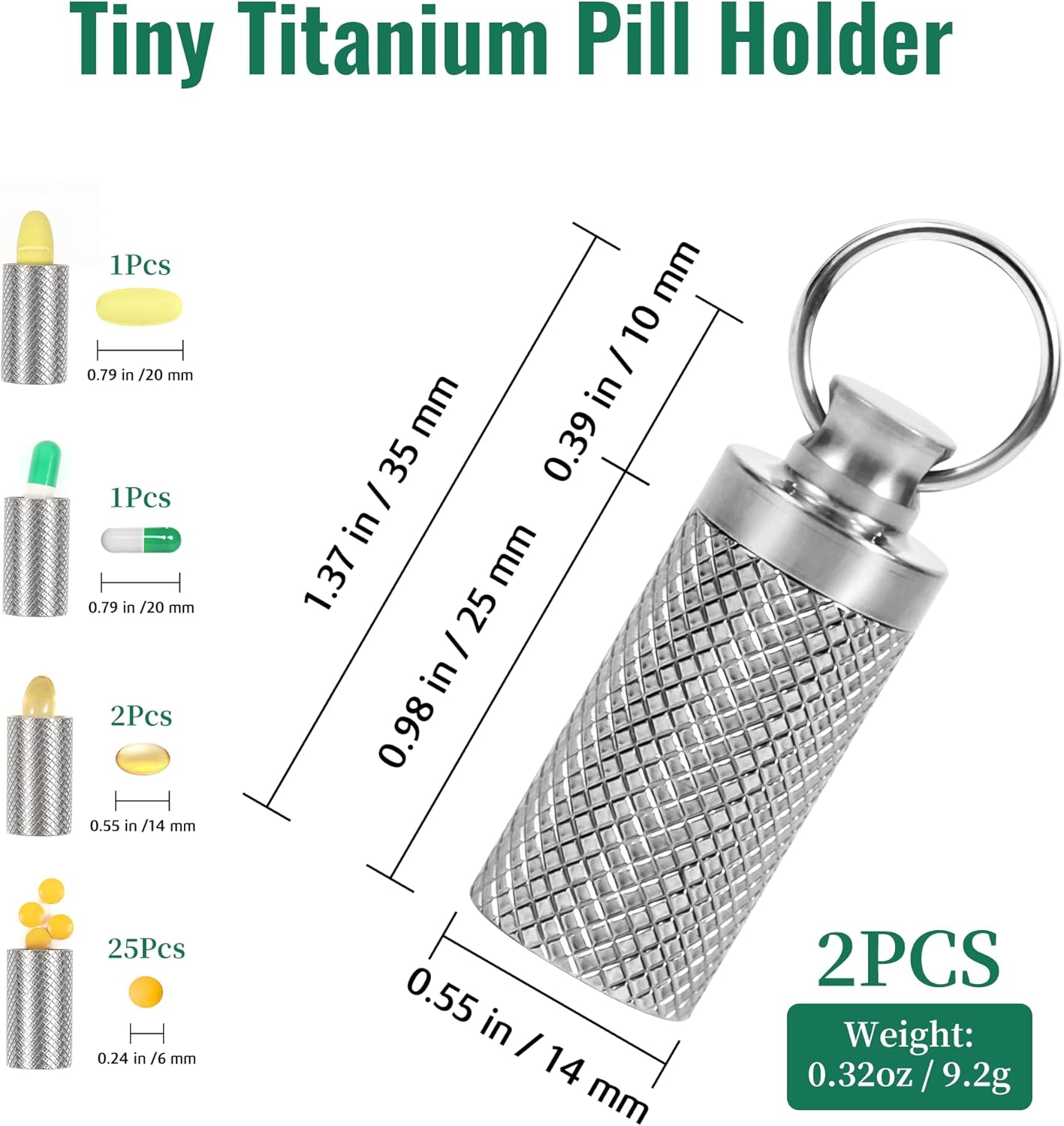 Keychain Pill Holder (2 Pack), Titanium Minsize Waterproof Pill Container/Case for Purse or Pocket, Portable Small Pill Box Organizer Pill Fob Medicine for Outdoor Travel Camping