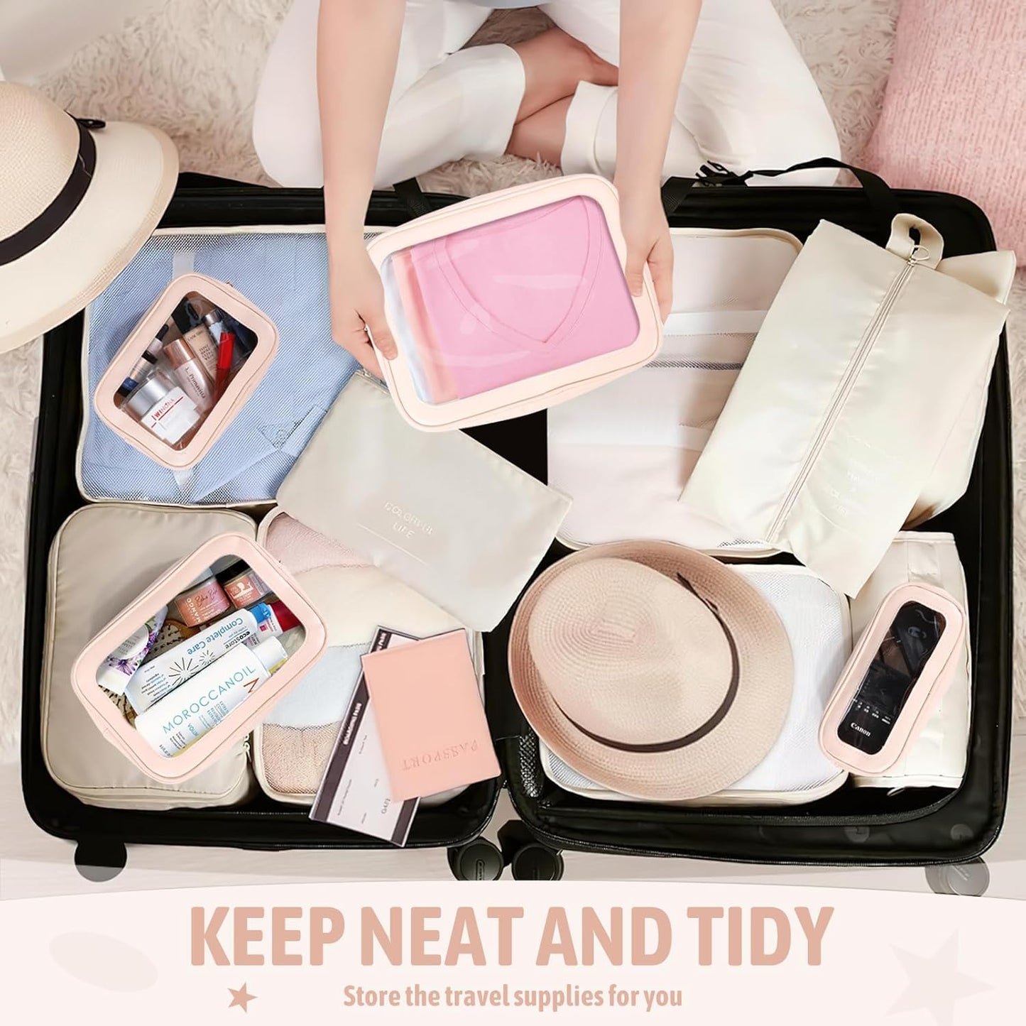 5PCS Clear Toiletry Bag,TSA Approved Travel Makeup Pouch with Zipper for Cosmetics and Toiletries，Diaper Bag Organizer Pouch Set，Women's Purse Organizer and Clear Car Bag