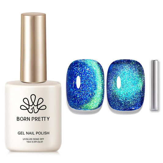 Born Pretty Cat Magnetic Eye Gel Nail Polish, Blue Glitter Cat Magnetic Gel Nail Polish, Holographic Magnetic Nail Polish for Nail Art Manicure Salon DIY at Home 15ML