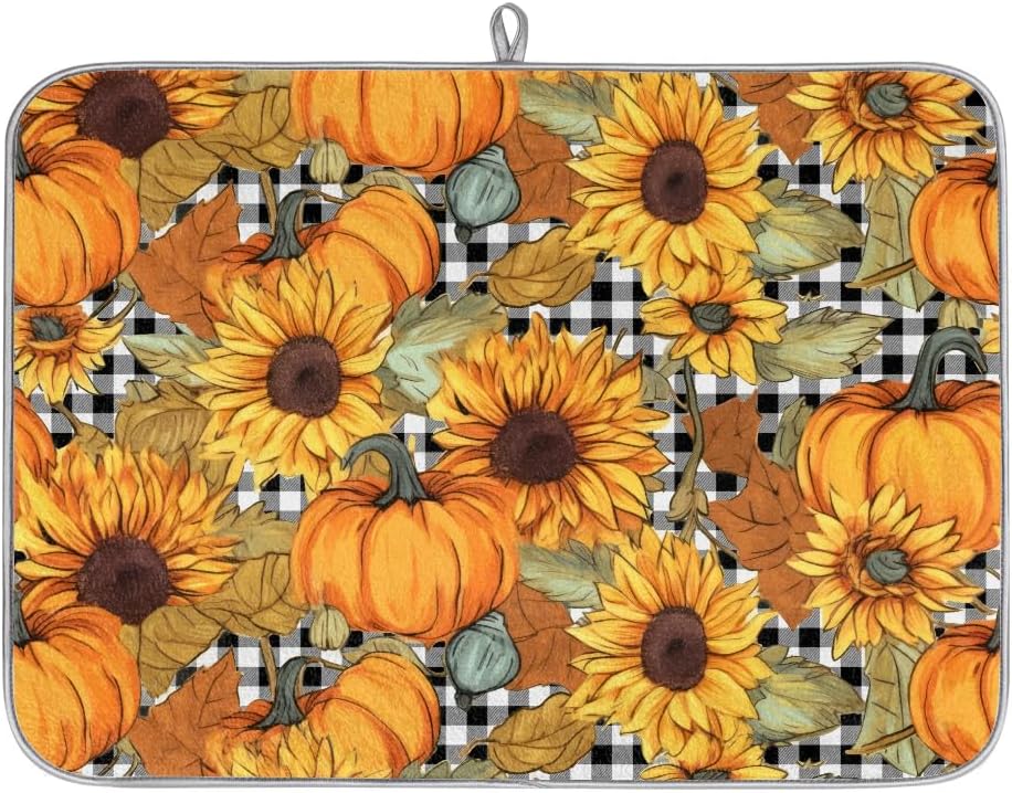 Hexteria Dish Drying Mat for Kitchen Counter Absorbent Microfiber Kitchen Drying Mat Summer Pumpkin and Sunflower Dish Drainer Rack Mat Heat Resistant 16 x 18