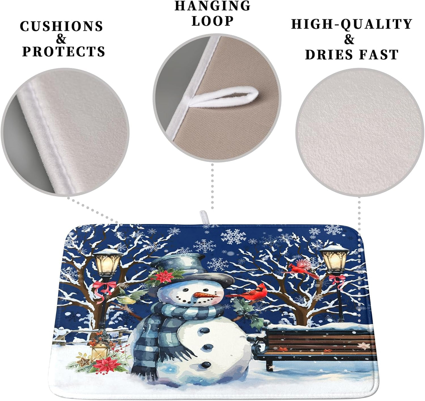 Winter Snowman Dish Drying Mat for Kitchen Counter 18x24, Xmas Snowflakes Dish Drainer Mat Snowy Night Drying Kitchen Mats Cardinal Birld Dish Pad Absorbent Reversible Coffee Mats for Dishes