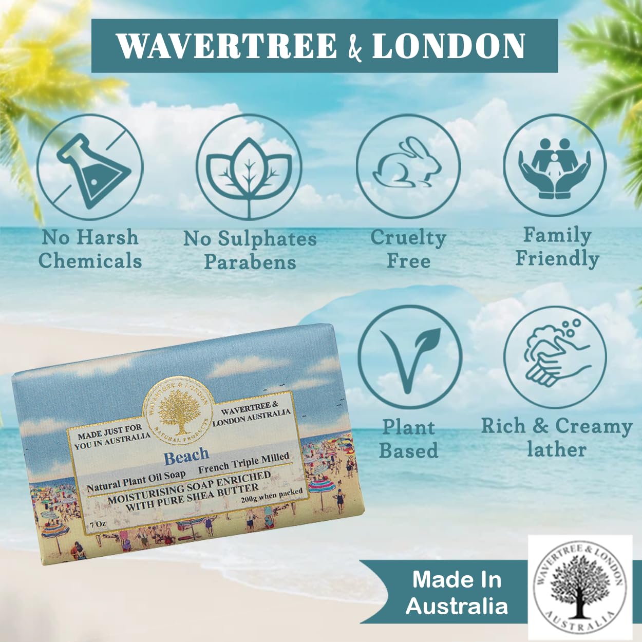 Wavertree & London Beach Scented Natural Soap (8 Bars), 7oz Moisturizing French Triple Milled Soap Bars enriched with shea butter - Pure Plant Oil Bath & Body Bars for All Skin Types