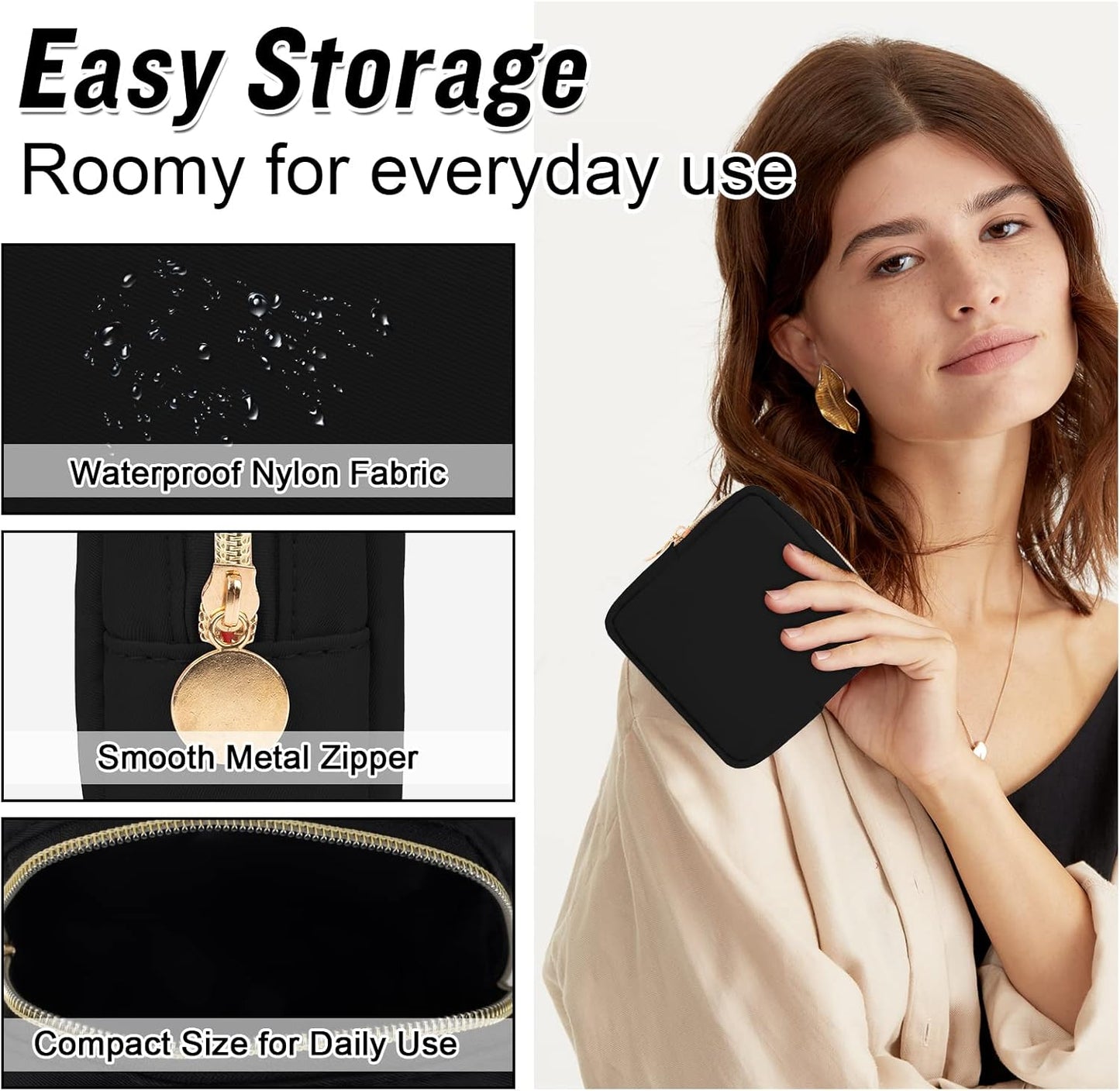 Nylon Mini Makeup Bag for Purse, Preppy Small Cute Black Makeup Bag Cosmetic Zipper Pouch Purse, Waterproof Travel Coin Pouch Sanitary Napkin Storage Bag Clutch Makeup Organizer for Women Girls(Black)