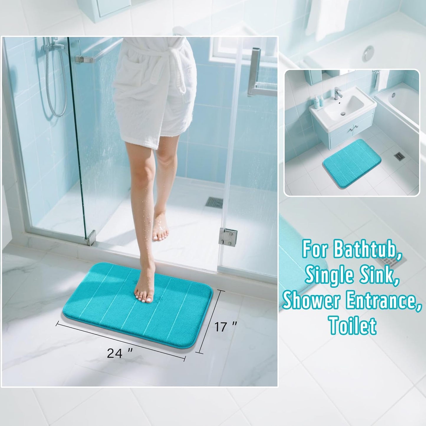 Yimobra Memory Foam Bath Mat, Super Soft Absorbent Bathroom Rug Non Slip 24x17 Inch, Quick Dry, Machine Washable Floor Carpet for Tub Shower, Home Decor Accessories, Lake Blue