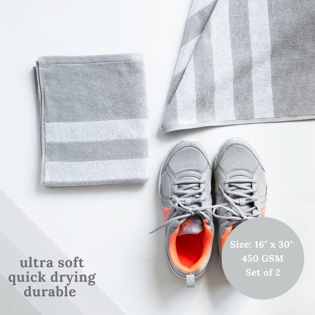 Luzia Striped Workout Towel for Sweat (Pack of 2) - Premium Quality 100% Turkish Cotton - Lightweight and Super Absorbent for Exercise, Sports, Workout, Fitness, Gym, Yoga, Running (Gray)