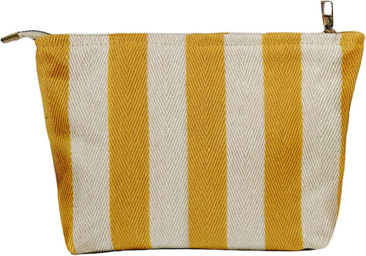 Yellow Striped Makeup Bag for Women, Canvas Cosmetic Bag, Travel Pouches for Purse(10.6" * 7.1" * 2.8"), Zipper Make Up Pouch,Perfect for Storing Makeup And Accessories, Daily Makeup Organizer Gifting