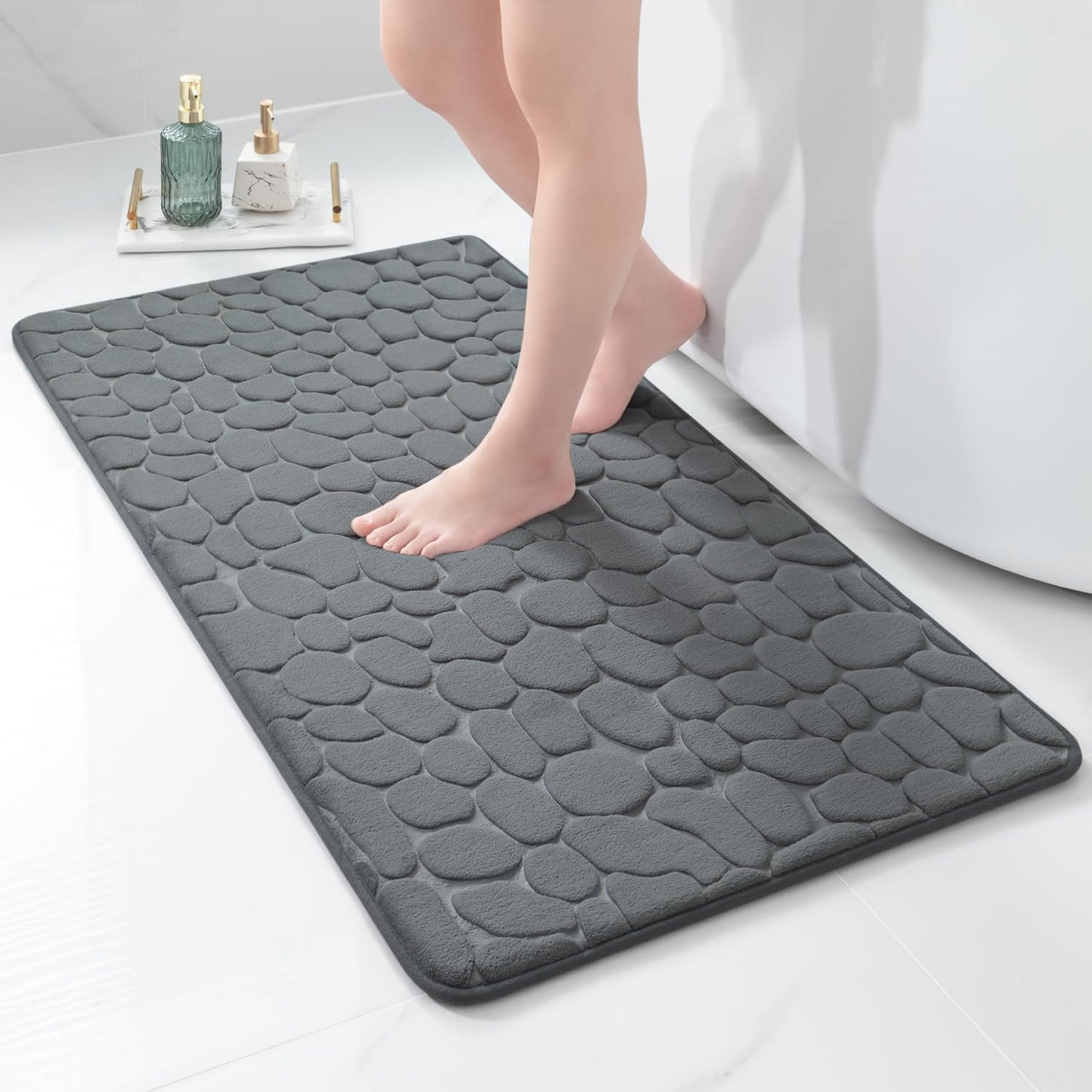 YIHOUSE Memory Foam Runner Rug, Cobblestone Bathroom Runner Rugs Super Water Absorbent Bath Mats for Bathroom Machine Washable Bath Rugs Runner for Hallway Bedroom Laundry Room(24 x 47,Dark Gray)