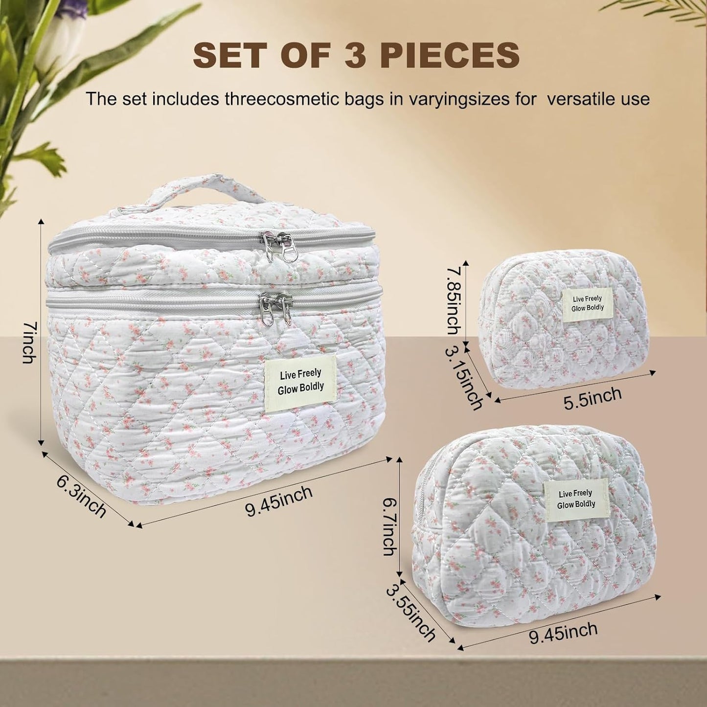 3Pcs Large Travel Quilted Makeup Bag, Double Layer Cute Floral Cotton Toiletry Bag, Aesthetic Flower Cosmetic Bag Coquette Skincare Organizer Bag for Wome (74-PinkFloral)