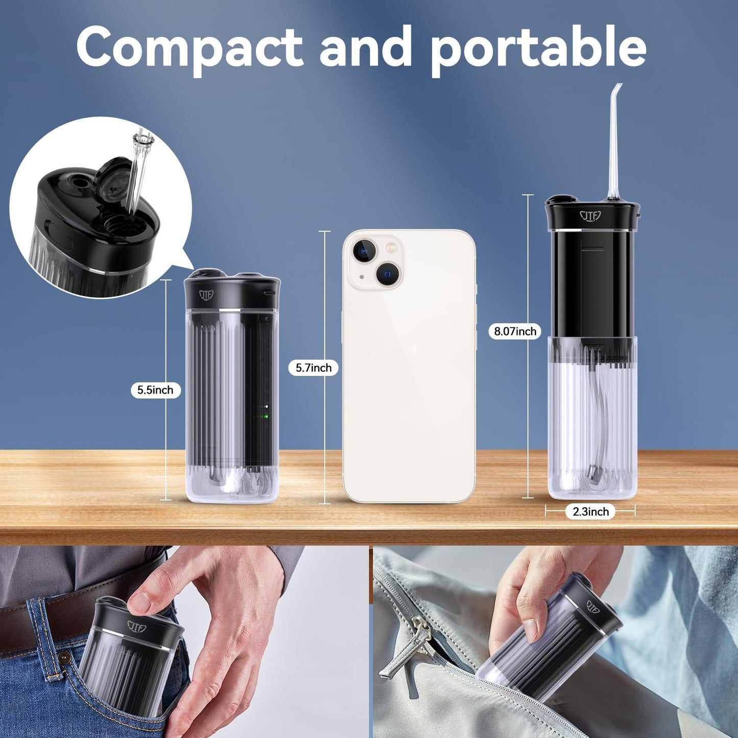Portable Mini Water Dental Flosser for Teeth Cleaning Pick,Travel Oral Irrigator with Telescopic Water Tank,4 Modes and Waterproof Design - Perfect for Braces,Bridges,and Dental Care (Black)