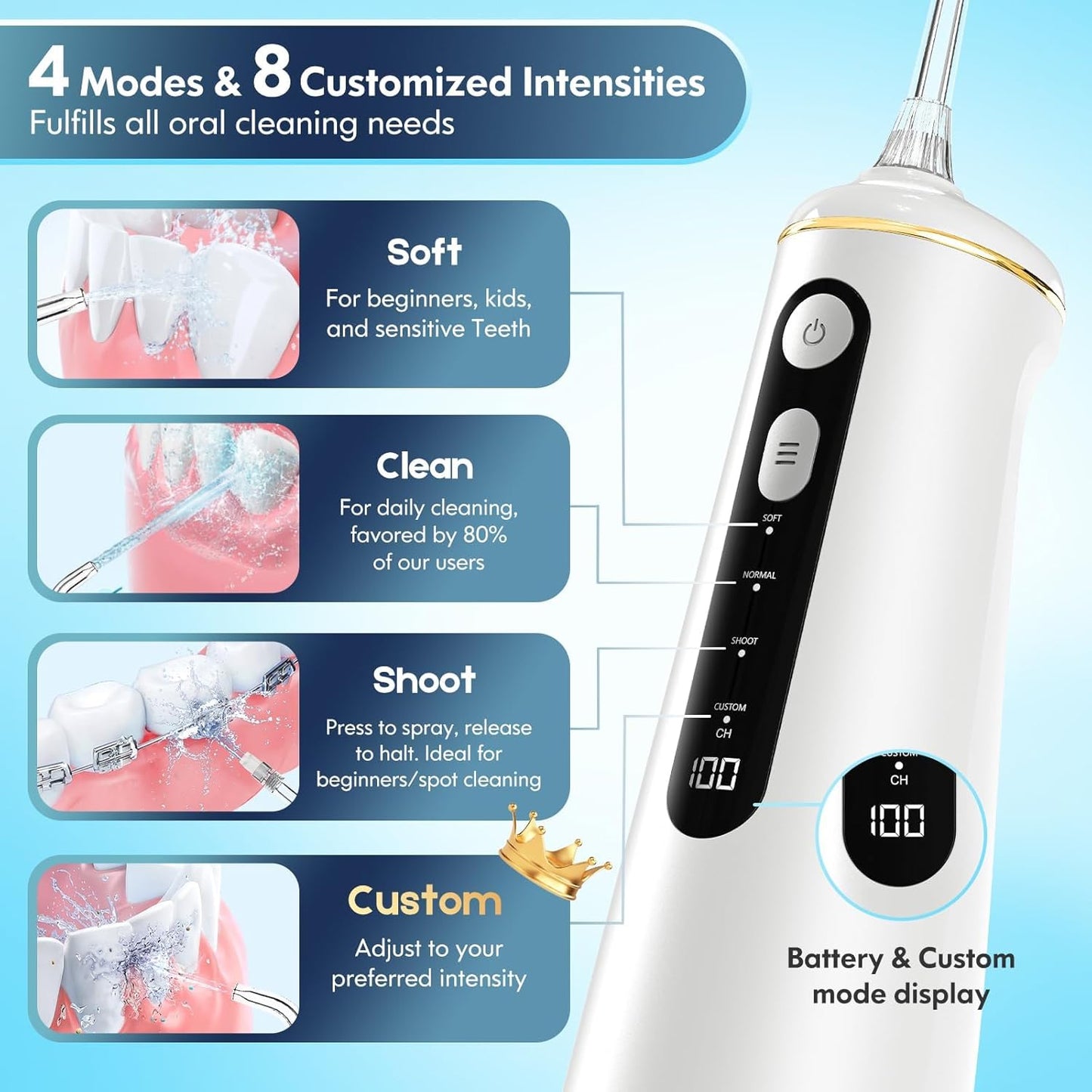Water Flosser for Teeth, Cordless Oral Irrigator Portable Dental Cleaner Picks with 8 DIY Modes 7 Jets 300ml Tank Braces Flossers Rechargeable (White)