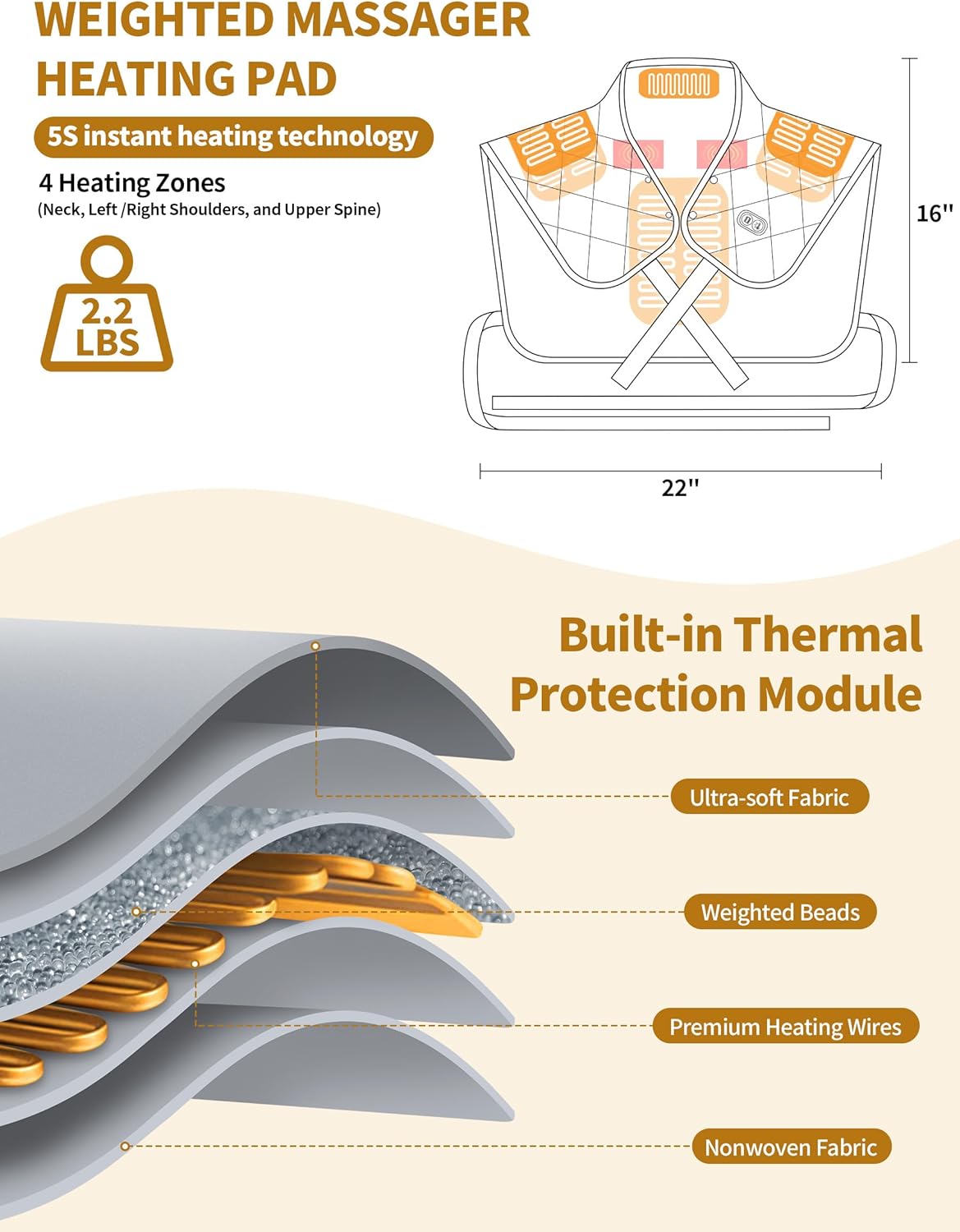 Vofuoti Heating Pad for Neck and Shoulders, Portable Cordless Heating Pad with Massager and Battery, Weighted Electric Heated Neck Shoulder Wrap, 16'' x 22'', 2.2lbs