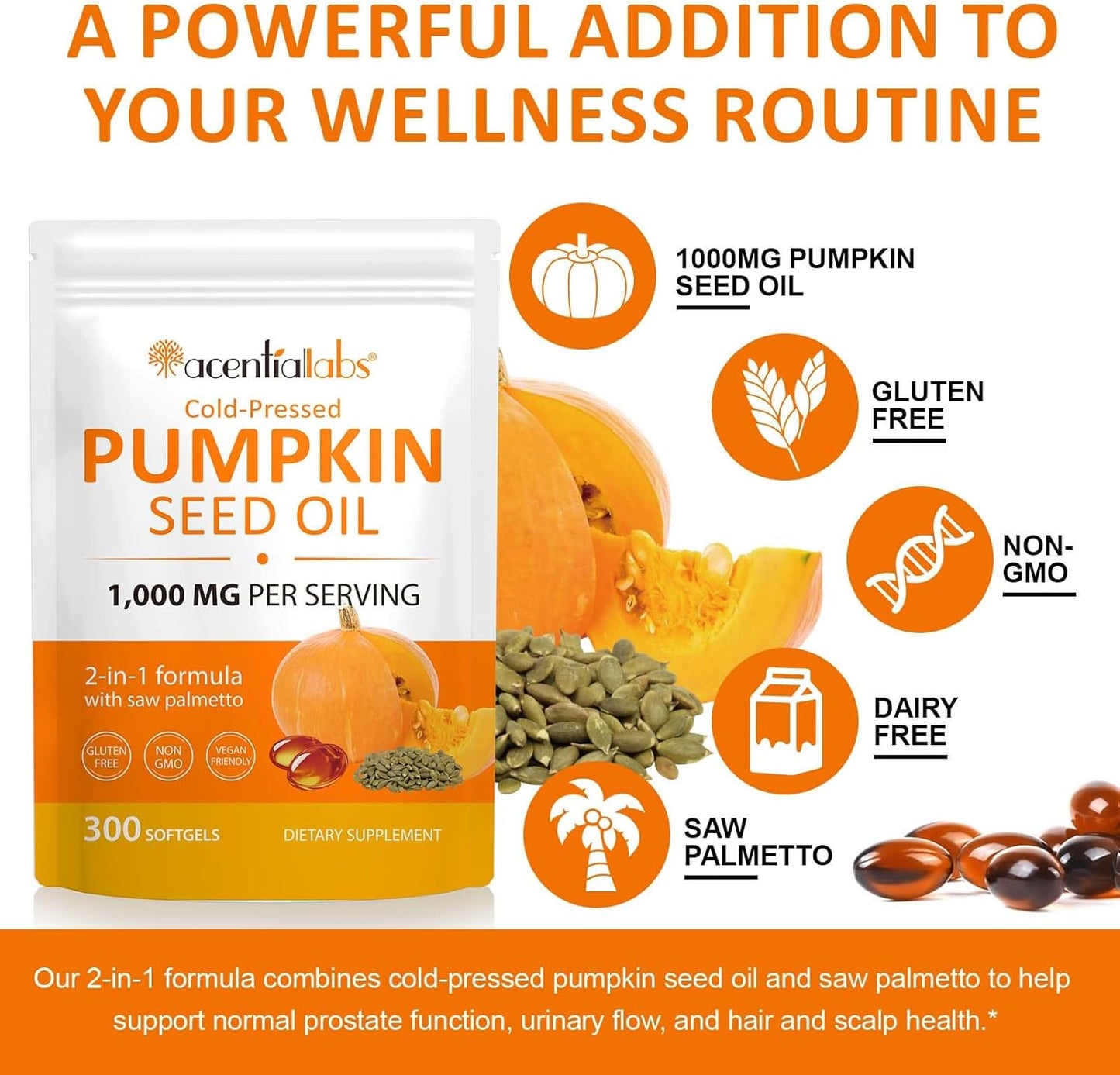 Pumpkin Seed Oil Capsules - Rich in Saw Palmetto Extract and Zinc and Essential Fatty Acids, 1000mg 300 Softgels, Promotes Hair Growth, Supports Urinary Tract, Bladder and Prostate Health