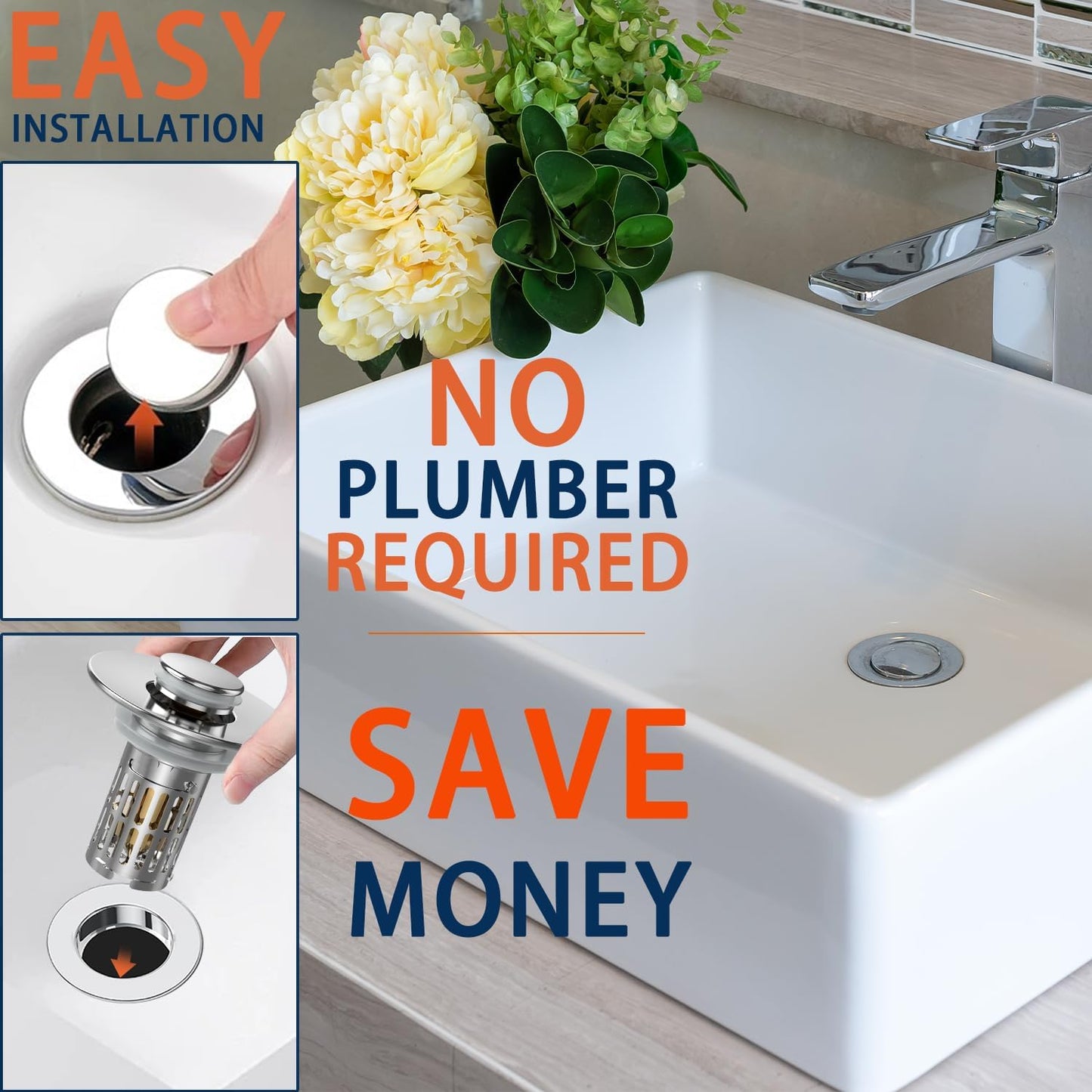 Bathroom Sink Drain Strainer, Pop Up Sink Drain Filter with Removable Stainless Steel Filter Basket Hair Catcher, Sink Drain Strainer, for Us Bathroom Sink Stopper Replacement