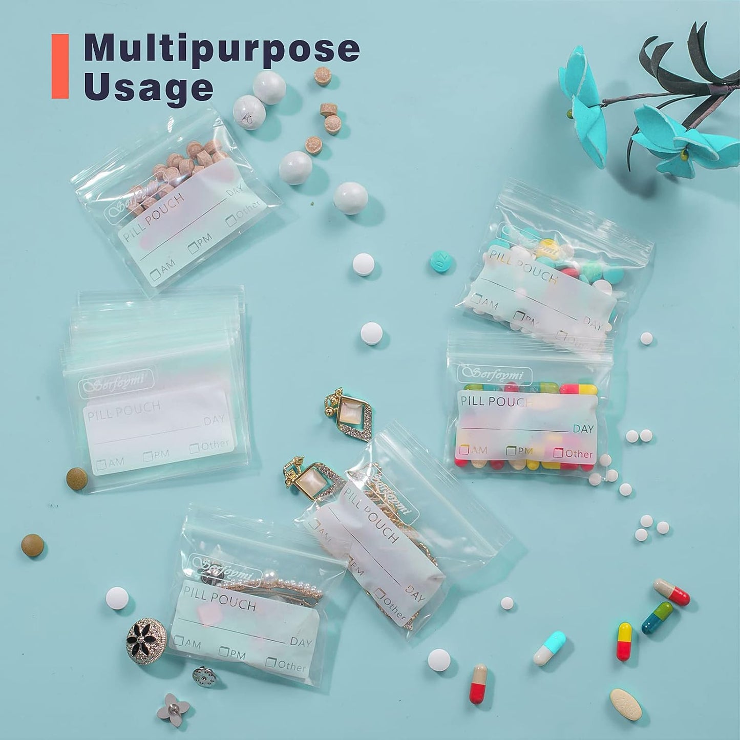 Serfeymi Pill Bags for Travel Pill Pouch Organizer Pack of 540 BPA Free 3 x 2.75 inch Reusable Pill Pouches for Medicine with Write on Label & Zipper Seal Waterproof AM PM Pill Baggies for Supplements