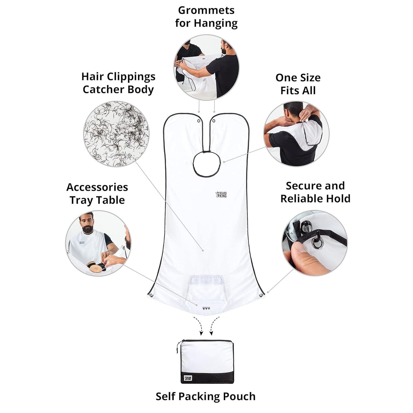 Beard King Beard Bib Apron - Shaving Set for Dad - As Seen on Shark Tank - Men's Hair Catcher for Shaving - Grooming Accessories - Packing Pouch, White