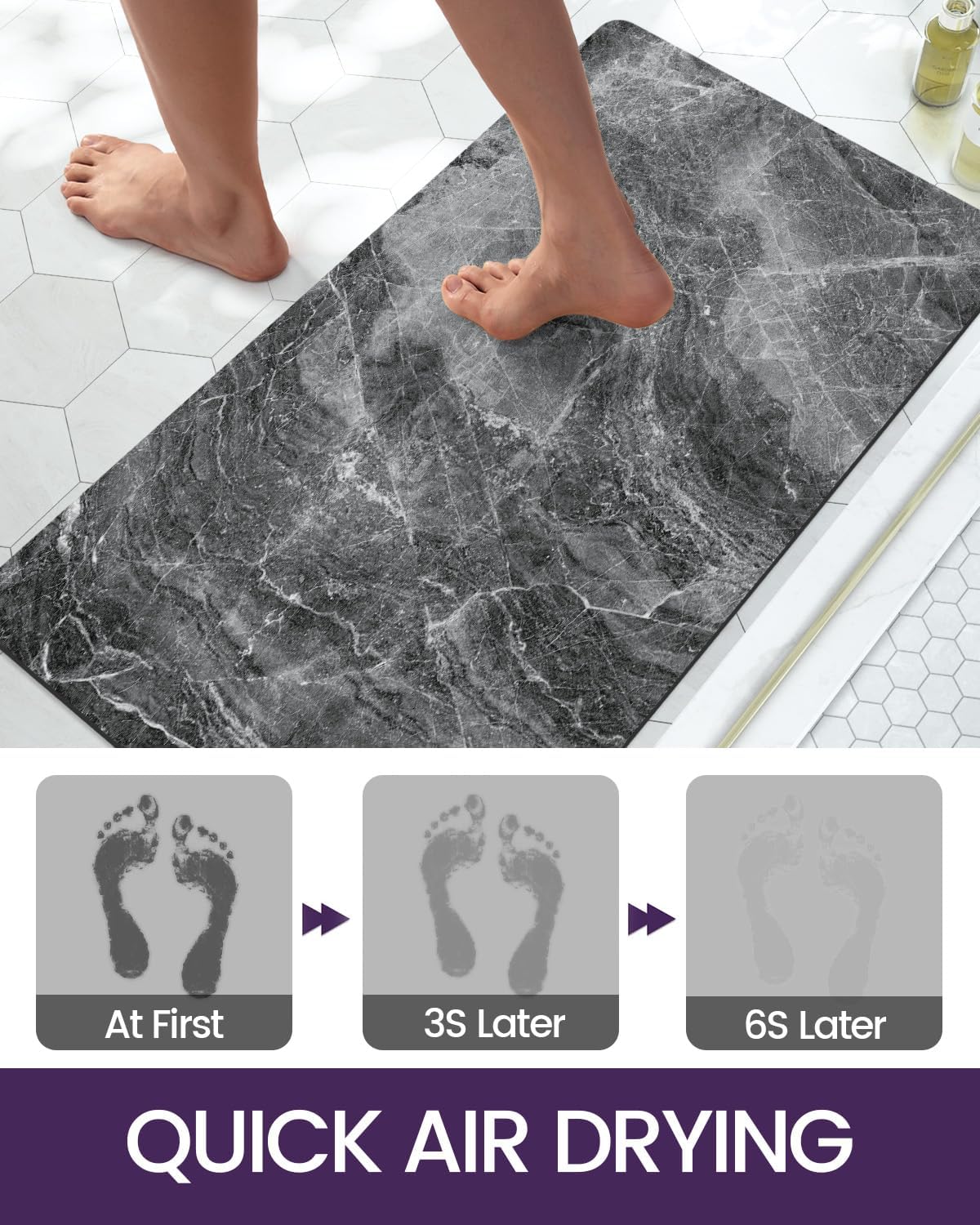 DEXI Bath Mat 17x43, Non Slip Quick Dry Rugs, Super Absorbent Ultra Thin Marble Bathmat, Washable Rubber Mats for Shower Floor, in Front of Bathtub, Sink, Bathroom Accessories Decor, Dark Grey