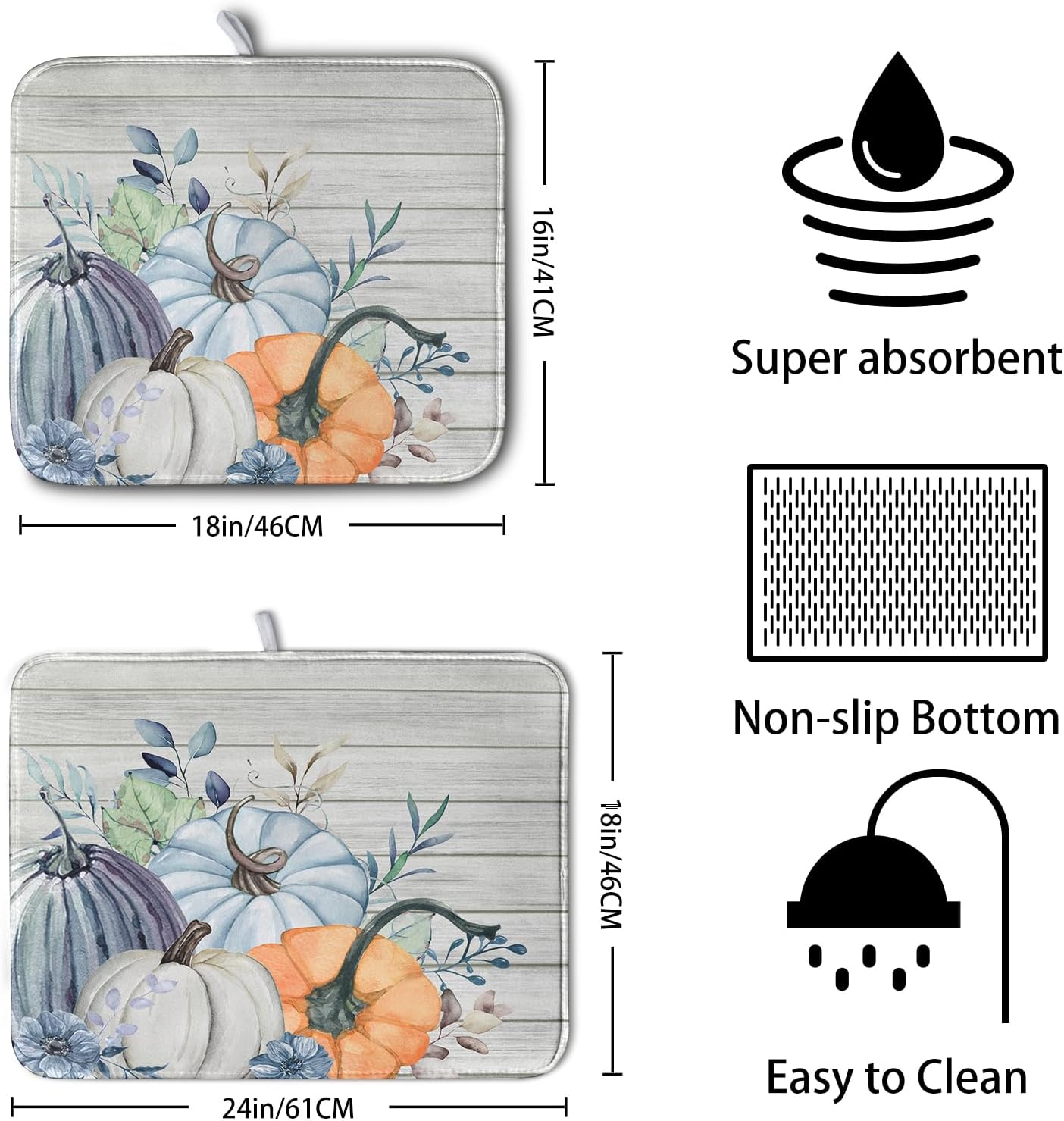 Fall Blue Orange Grey Pumpkin Kitchen Dish Drying Mat for Kitchen Counter 16x18 Inch Autumn Teal Flowers Drying Mat Thanksgiving Harvest Dish Drainer Mat Super Absorbent Dish Rack Pad for Coffee Bar