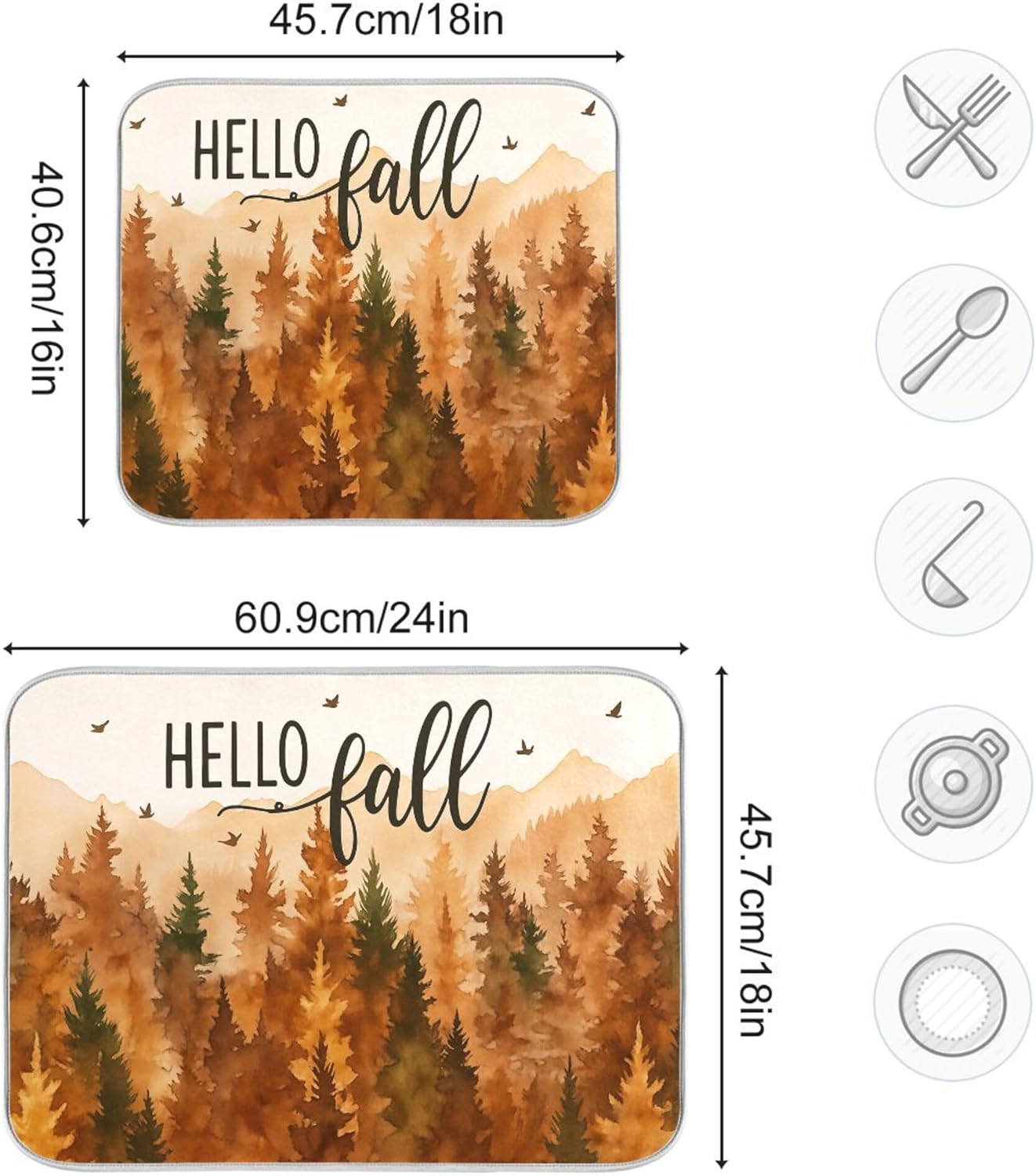 Hello Fall Forest Dish Drying Mat for Kitchen Countertop 16x18 Autumn Pine Tree Small Drying Mat Reusable Quick Dry Dish Sink Mats Easy Clean Decorative Essentials