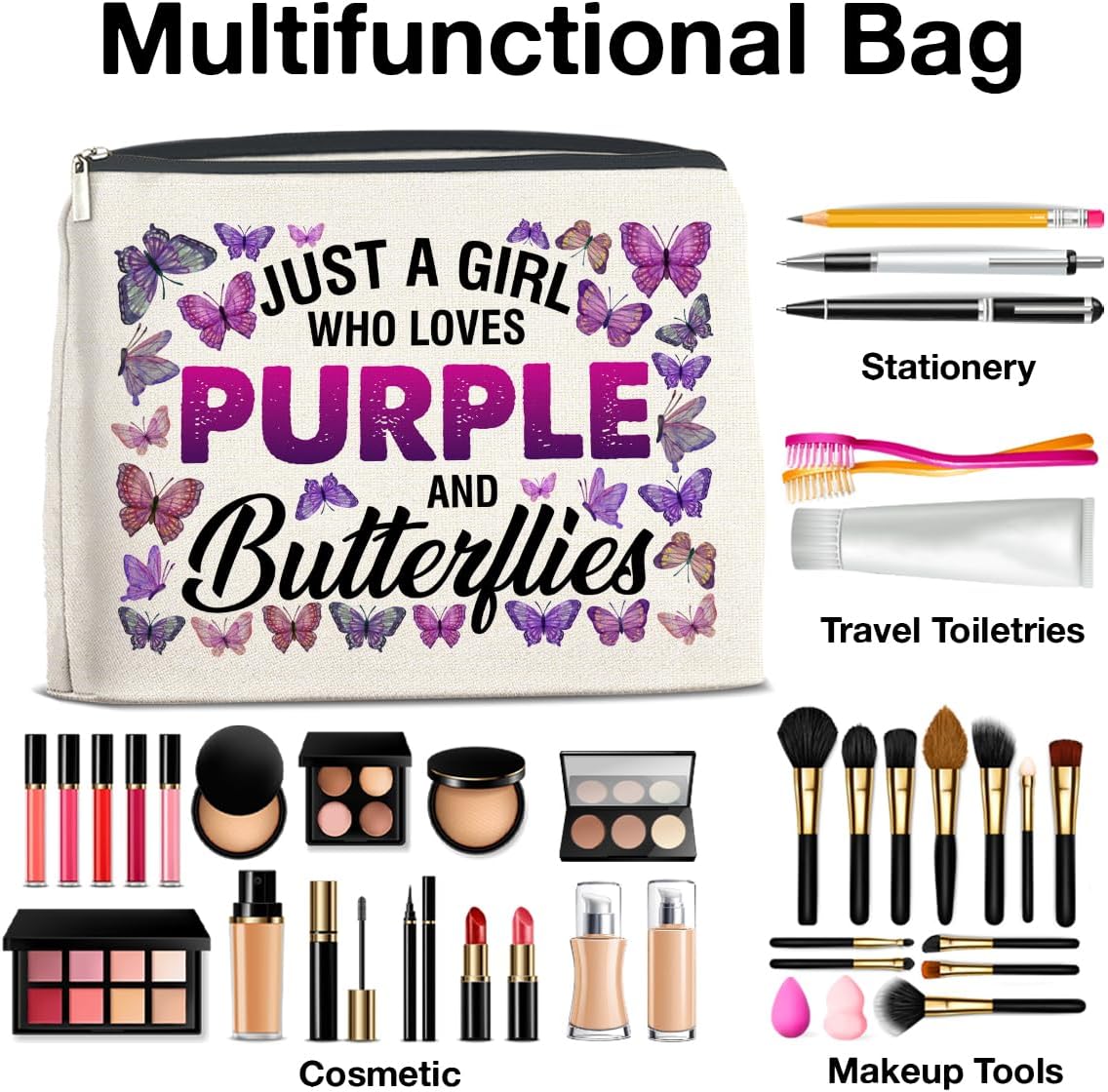 Just a Girl Who Loves Purple and Butterflies Makeup Bag Gifts for Women Purple Butterfly Cosmetic Bag Zipper Pouch Travel