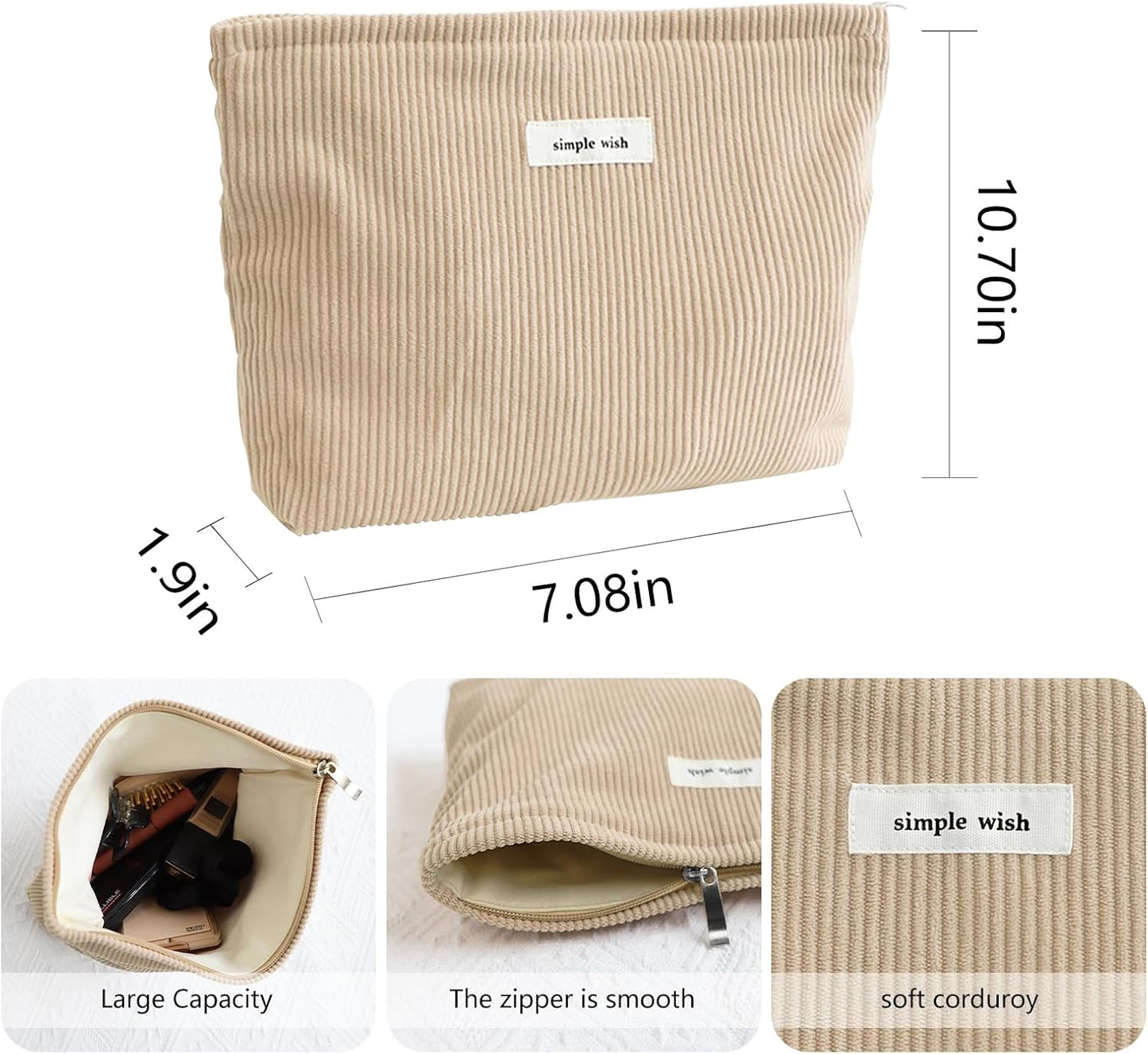 Wudygirl Makeup Bag Corduroy Cosmetic Bag for Women Large Capacity Makeup Pouch Travel Toiletry Bag Portable Make-up Organizer Zipper Handbag Pouch (Khaki)