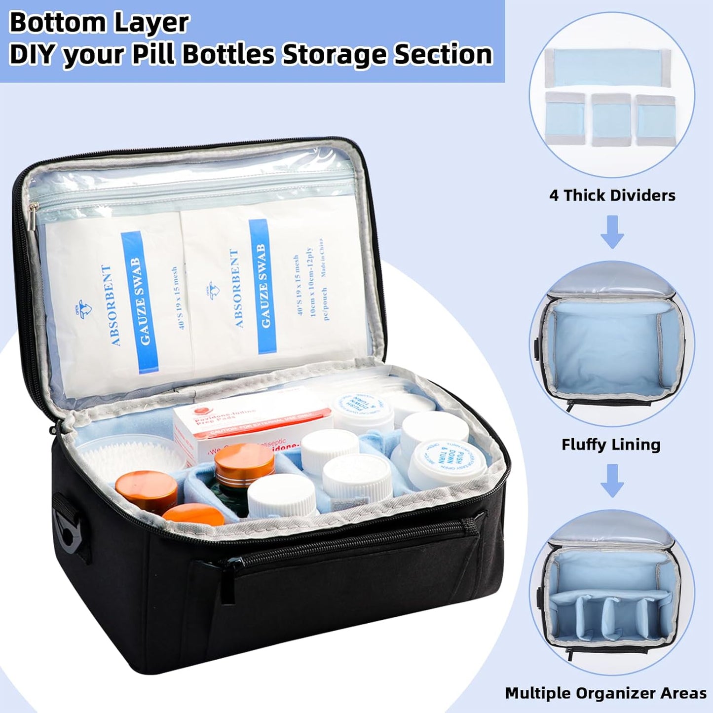 Medicine Bag for Traveling with Portable Small Pouch, Double Layer Pill Bottle Organizer Storage Case with Lockable Zippers, Carrying Medication Travel Case with Shoulder Strap (BAG ONLY) Black