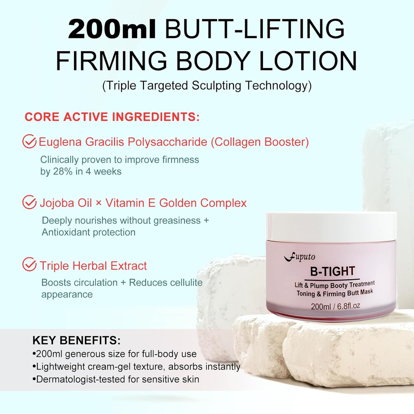 B-TIGHT Body Cream, 200ml Leave-On Booty Enhancing Mask, Firming & Moisturizing Cream, Leave-On Cellulite Mask - Improves Skin Tightness in Buttock Area, Lift sagging skin - 6.76 oz