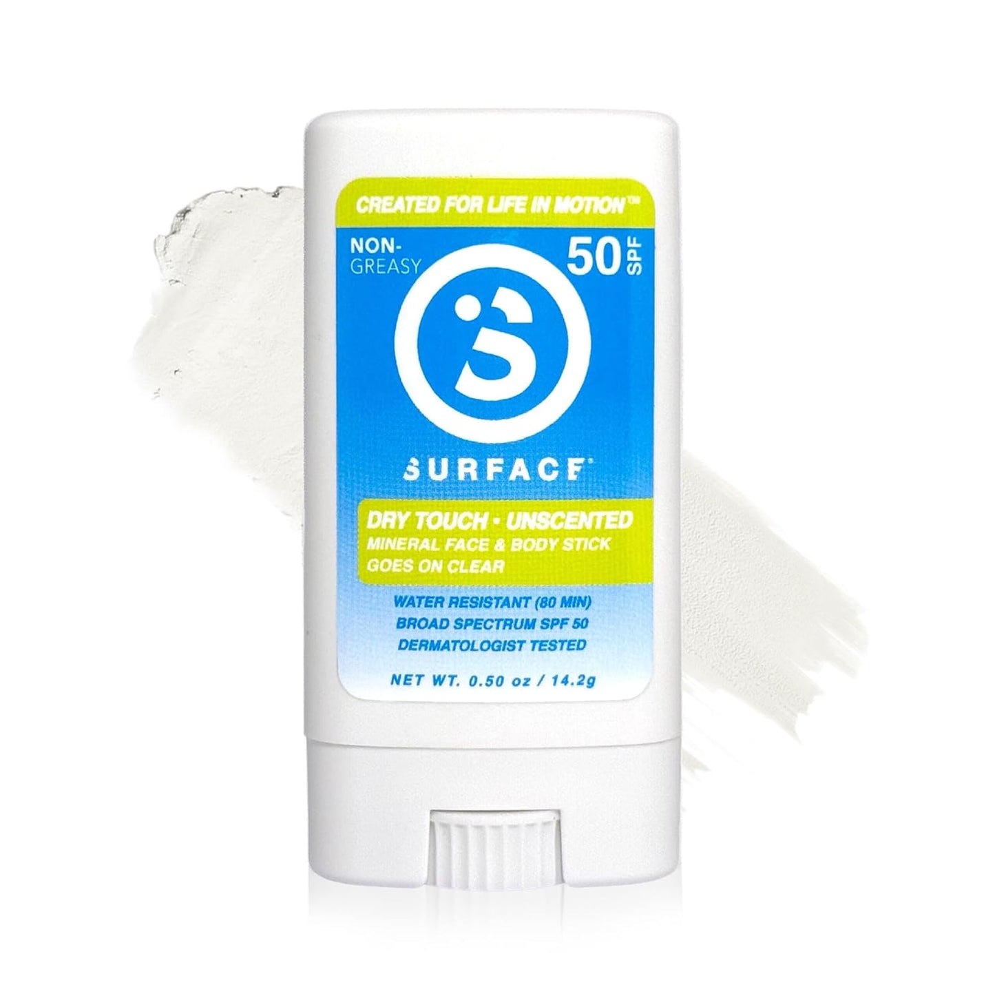 Surface Mineral Face Sunscreen Stick, Dry Touch SPF 50, Broad Spectrum UVA UVB Sun Protection for Kids and Adults, Travel Friendly, Water Resistant for 80 Minutes, Fragrance Free, 0.5oz