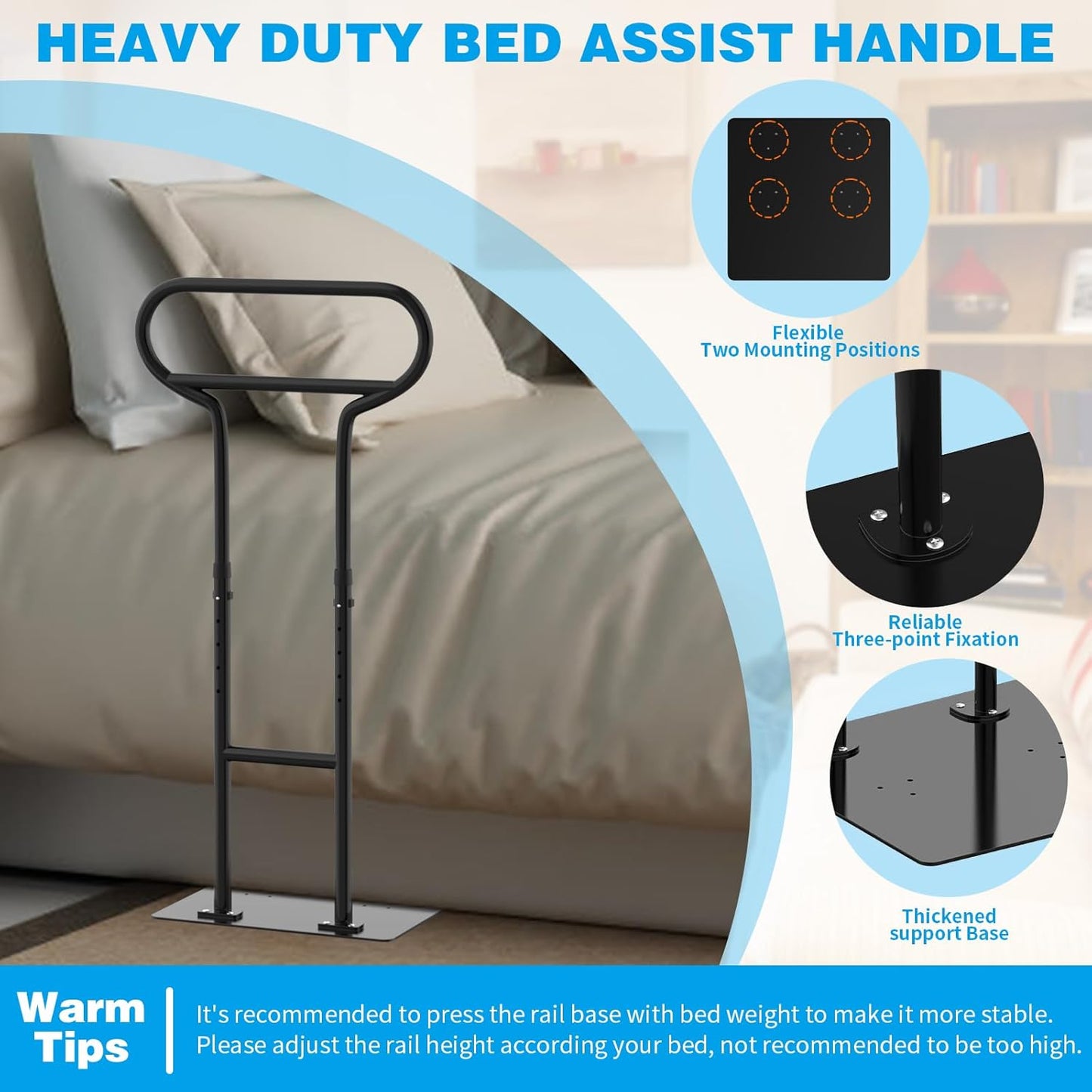 Bed Rails for Elderly Adults Safety, Adjustable Bed Cane for Elderly, Heavy Duty Stand Assist Railing for Seniors, for Couch, Chair, Full, Twin Bed (260LBS Loading, 5 Heights, Black)