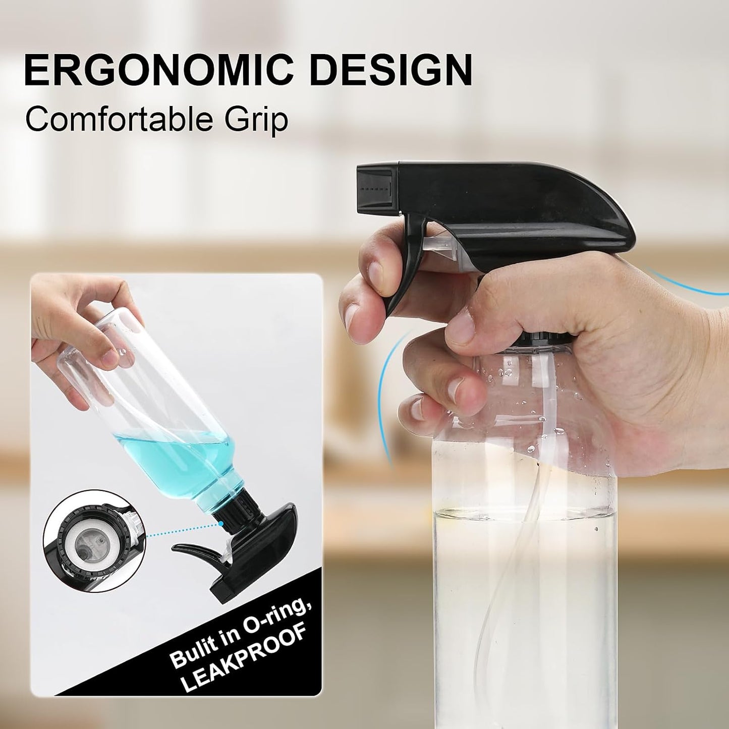 Spray Bottles Plastic Spray Bottle for Hair Mist/Stream Heavy Duty Empty Spray Bottles for Cleaning Solutions, Plants, Cooking (16.9oz-Blackclear+nozzle)