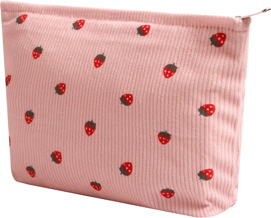 Cosmetic Bags for Women - Corduroy Cosmetic Bag Aesthetic Women Handbags Purses Smile Dots Makeup Organizer Storage Makeup Bag Girls Case Bags (Flowers-Pink strawberry)