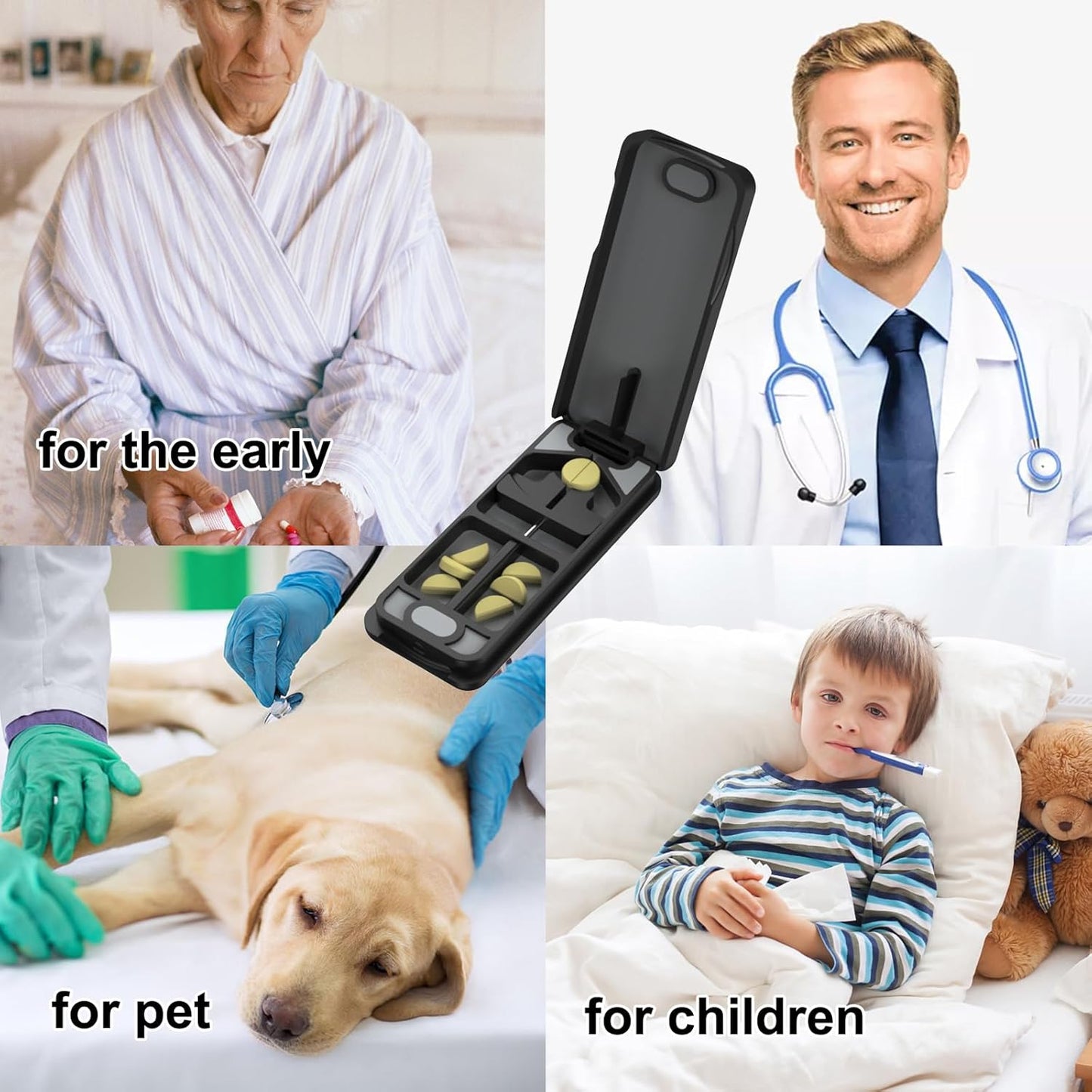 Pill Cutter with Auto Centering Device, Aluminum Pill Splitter with 316L Stainless Blade, Genuine Leather Case, Professional Pill Splitter for Cutting (Plastic,Black)