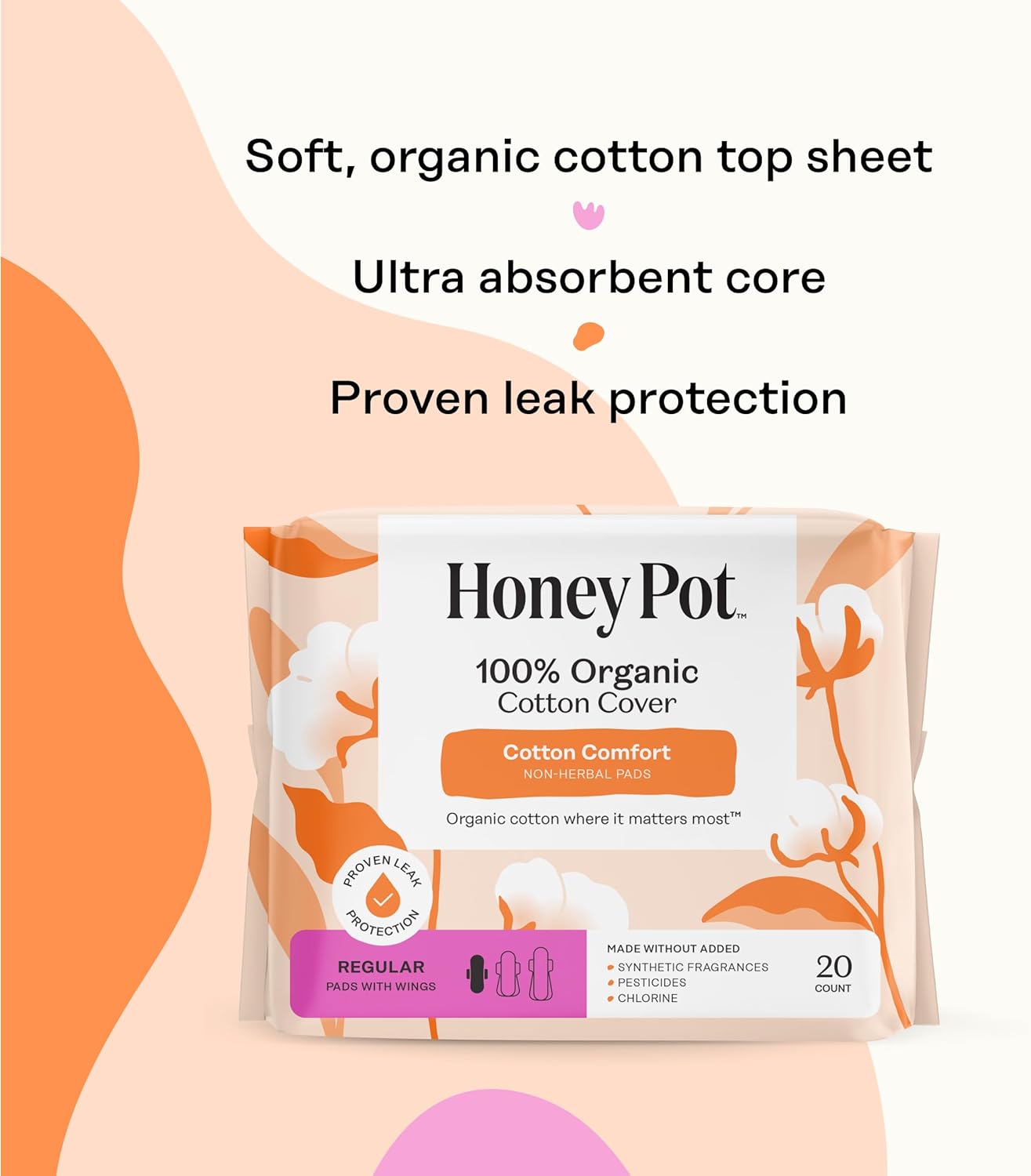 The Honey Pot Company - Sanitary Pads for Women - Non-Herbal Regular Flow w/Wings - Organic Cotton Cover & Ultra-Absorbent Pulp Core - Feminine Care - 20 ct
