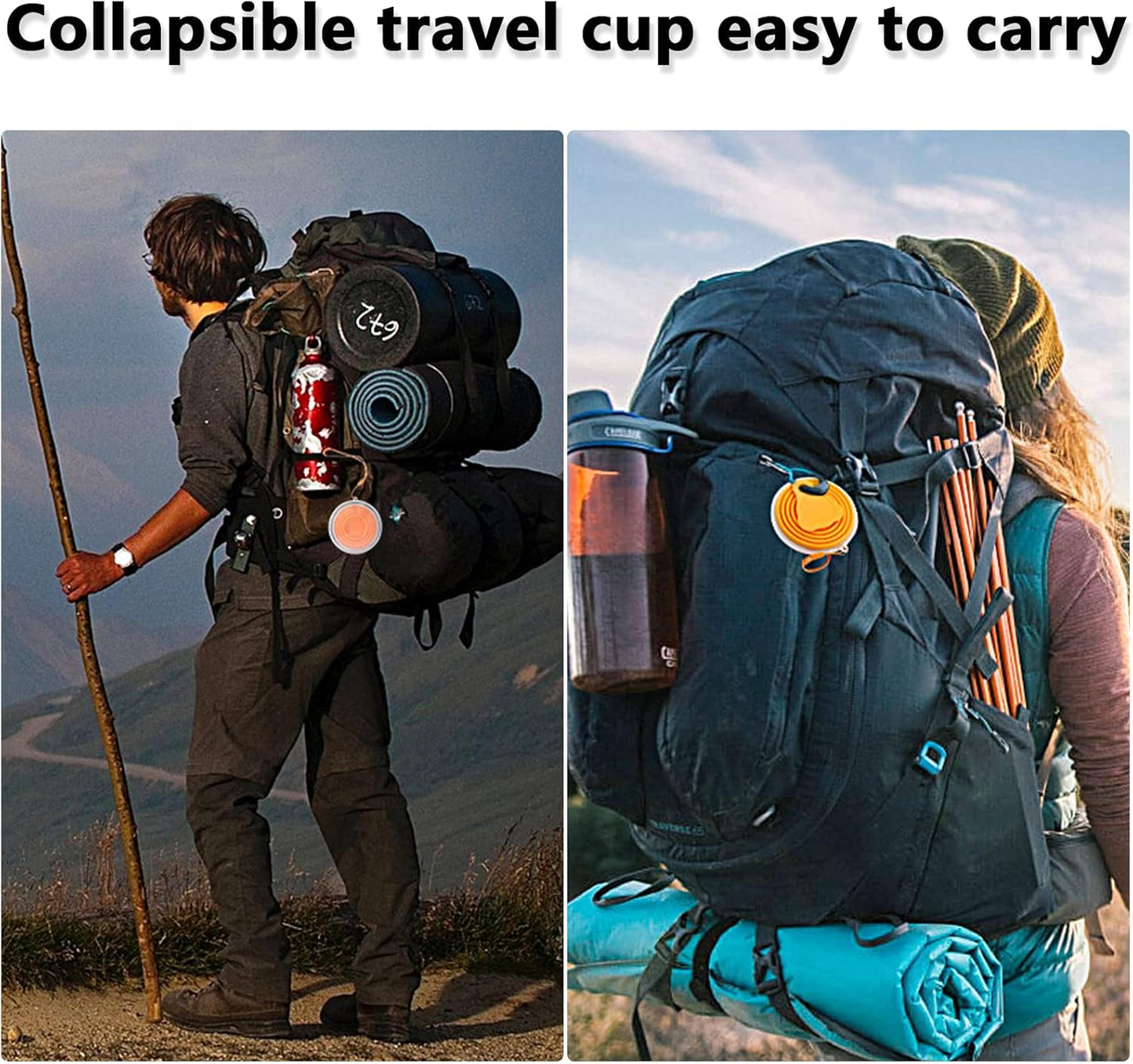 Litoexpe 2 Pack Silicone Collapsible Travel Cup Portable Folding Camping Cup Sets with Lids, Pink & Orange