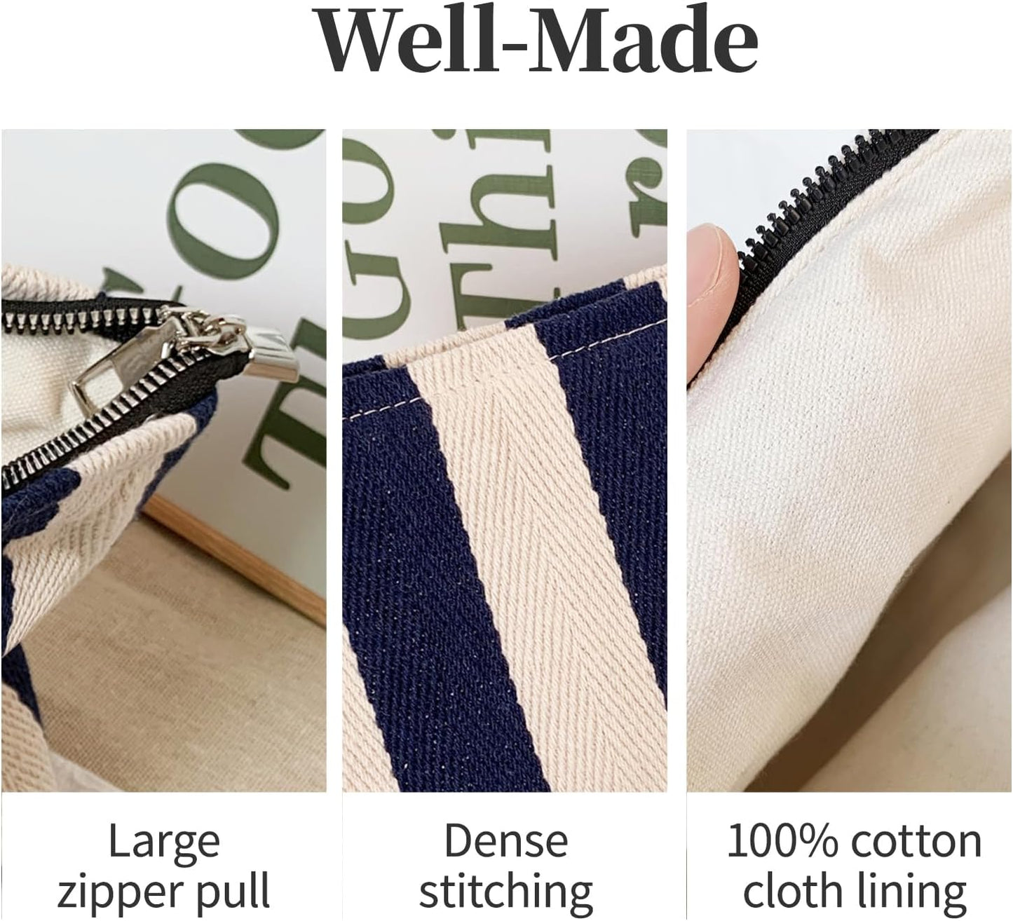 Blue Striped Makeup Bag for Women, Canvas Cosmetic Bag, Large Zipper Pouch(10.6" * 7.1" * 2.8"), Make Up Bag for Purse, Perfect for Storing Makeup And Accessories, Makeup Bag for Daily Travel Gifting