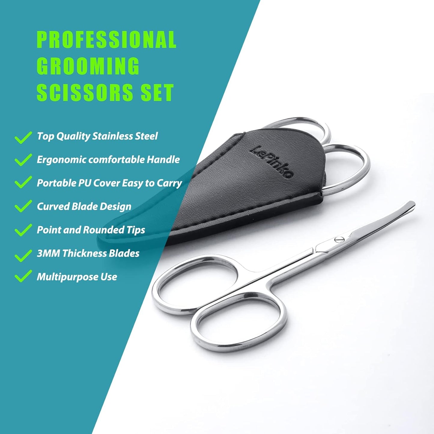 Facial Hair Small Grooming Scissors For Men Women - Eyebrow, Nose Hair, Mustache, Beard, Eyelashes, Ear Trimming Kit - Curved and Rounded Safety Tip Clippers For Hair Cutting 2PCS With Cover Sliver