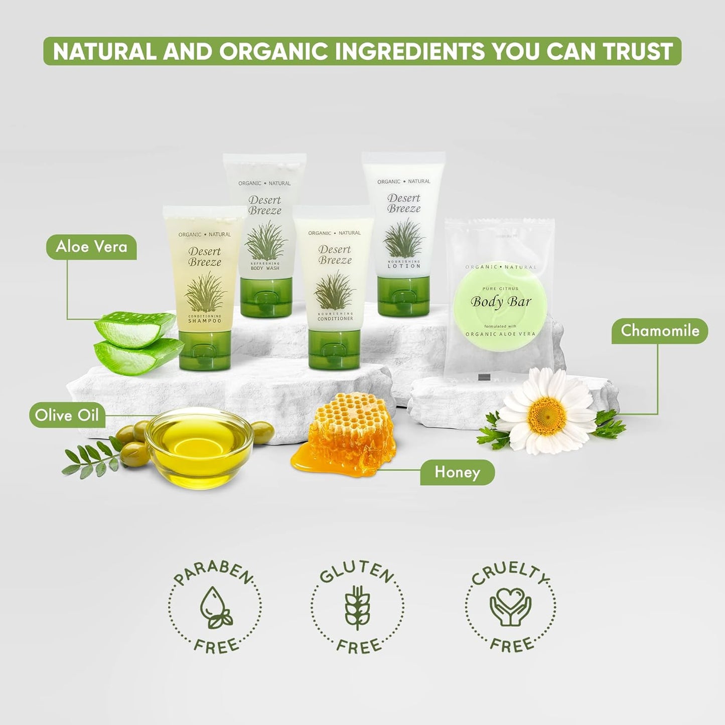 Desert Breeze Hotel Soaps and Toiletries Bulk Set | 1oz Hotel Shampoo & Conditioner, Body Wash, Body Lotion & Bar Soap | Half Pallet 21 cases with 300 units each - 6,300 pieces