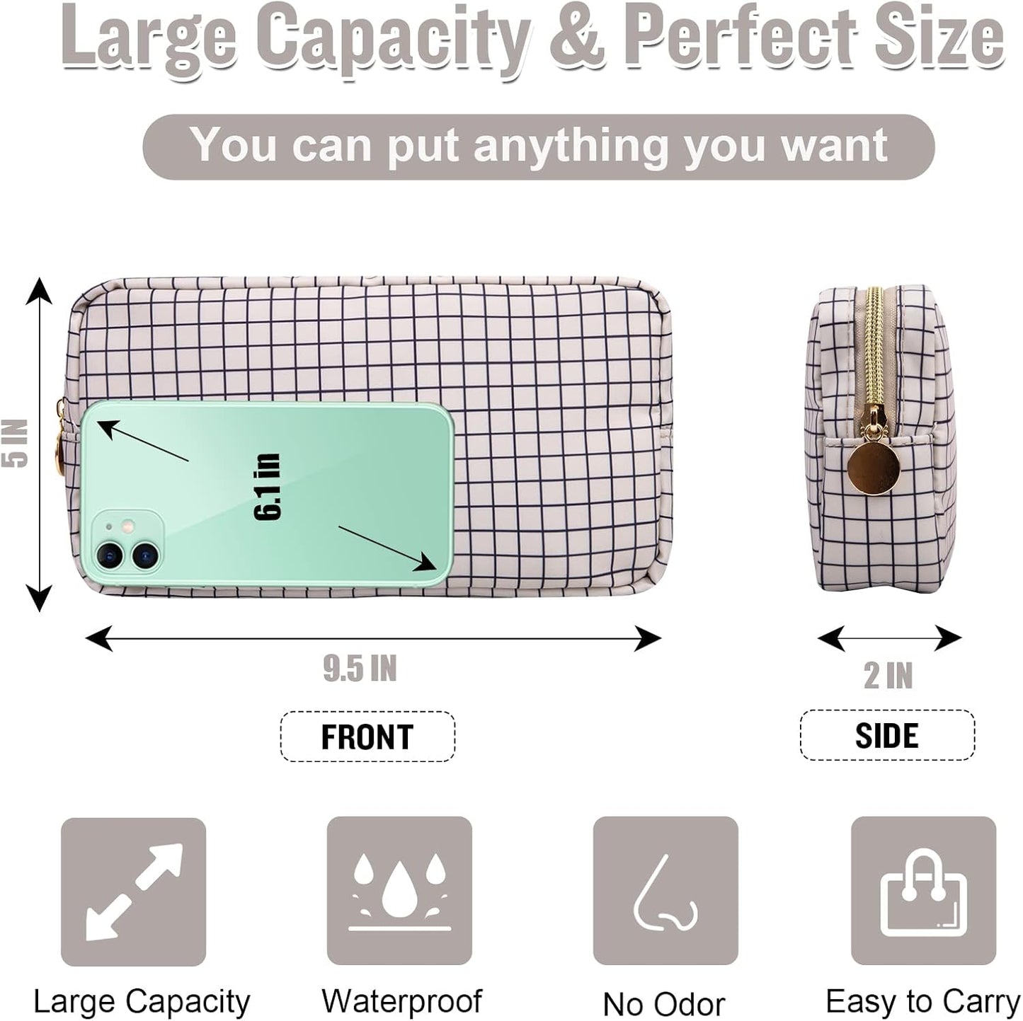 Nylon Small Makeup Bag for Purse, Cute Checkered Makeup Bag Preppy Cosmetic Zipper Pouch Purse, Waterproof Portable Travel Toiletry Bag Clutch Make Up Brush Bag Organizer for Women Girls(Checkered)