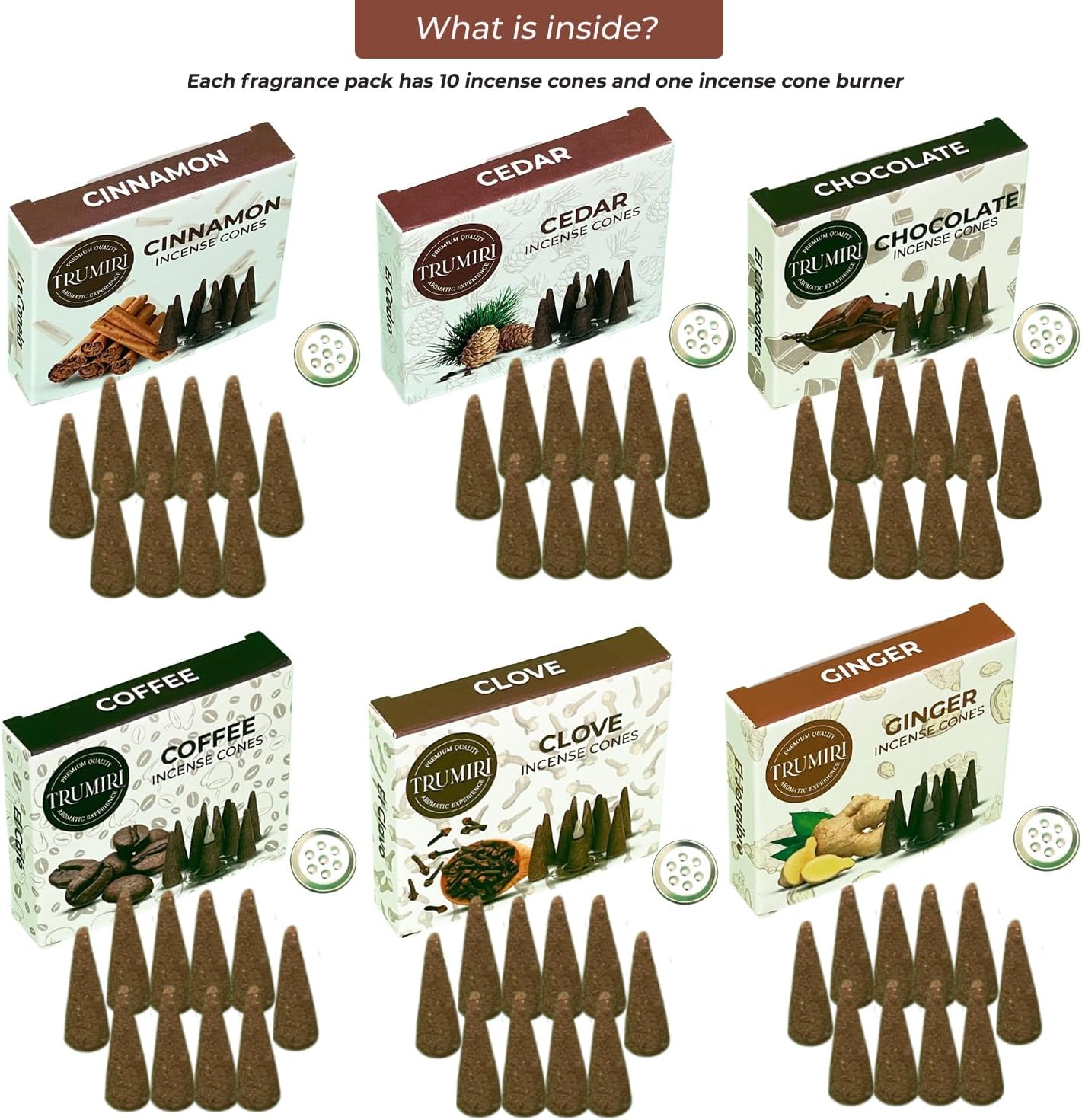TRUMIRI Gourmet Incense Cones - Variety Pack - Total 60 Cone Incense (6 Scents x 10 Conos) - Vanilla, Cinnamon, Coffee, Chocolate, Clove, Ginger - Cone Incense Scents - Insense Cones - Incent Cone