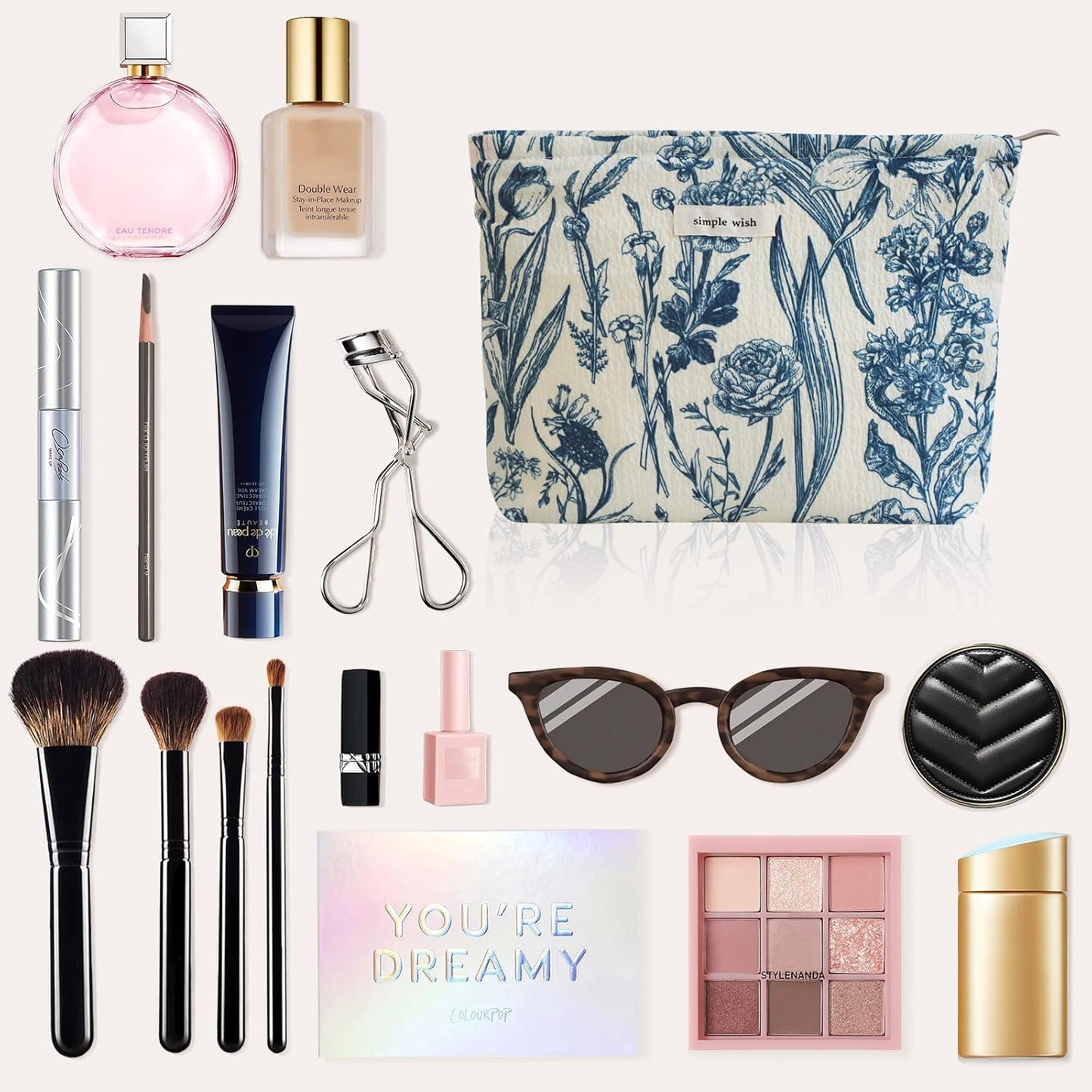 Wudygirl Cute Makeup Bag for Women - Travel Cosmetic Bag with Zipper Makeup Pouch Floral Make up Organizer Handbag Aesthetic (Porcelain Blue)