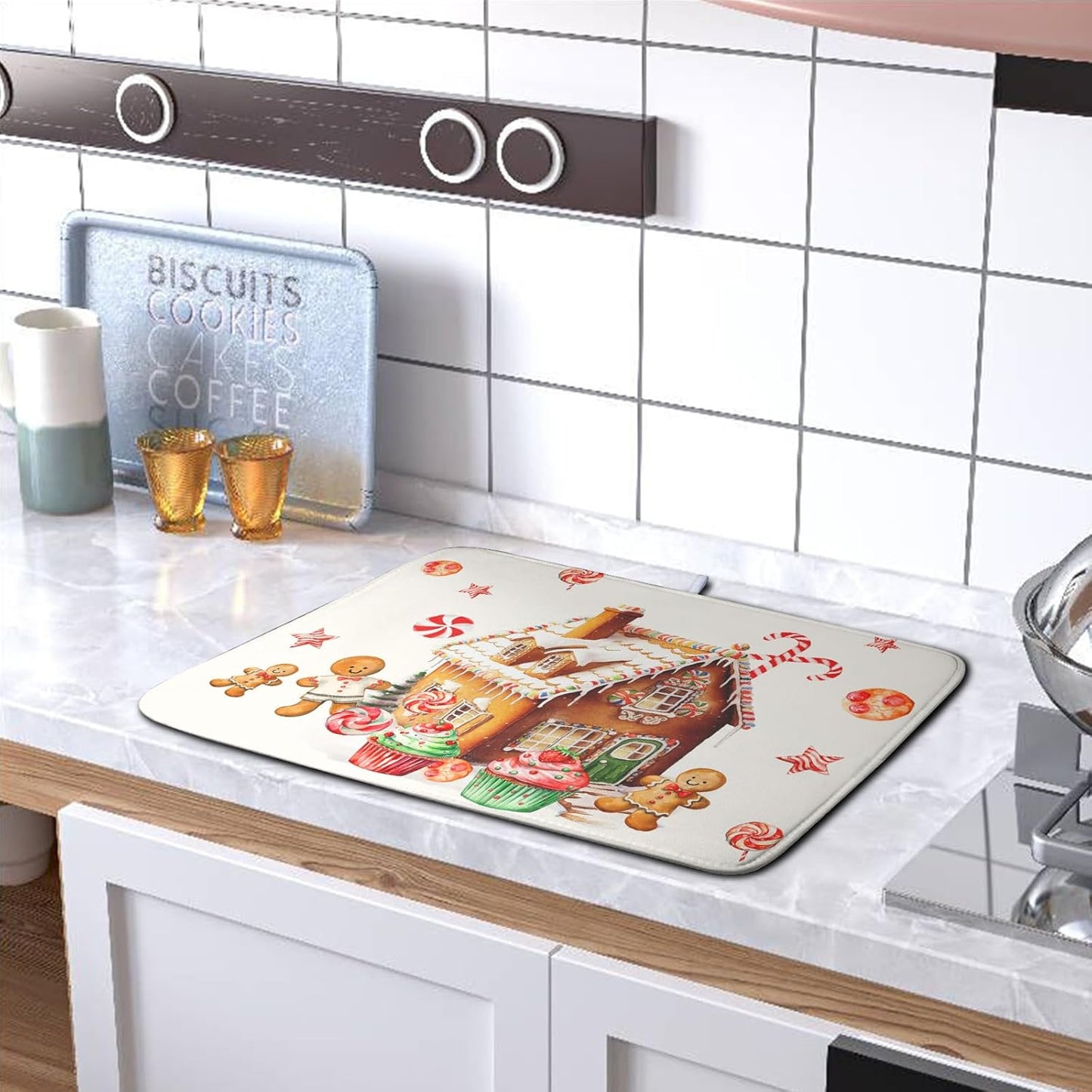 Christmas Gingerbread Man Drying Mat for Kitchen Counter Winter Cute Gingerbread House Candy Cane Cookies Dish Drying Mats Xmas Holiday Dish Drainer Mats Absorbent Reversible Drying Pad 18x24 Inch